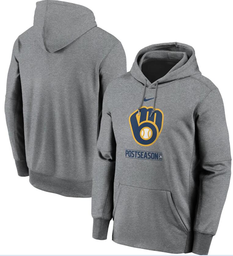 Men's Milwaukee Brewers Nike Gray 2020 Postseason Collection Pullover Hoodie - Click Image to Close
