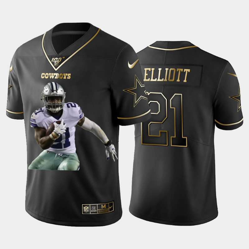 Nike Cowboys 21 Ezekiel Elliott Black Gold Player Name Logo 100th Season Vapor Untouchable Limited Jersey