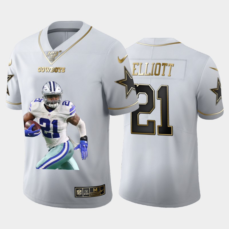 Nike Cowboys 21 Ezekiel Elliott White Gold Player Name Logo 100th Season Vapor Untouchable Limited Jersey