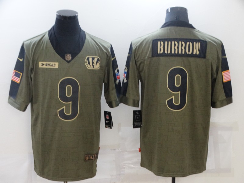 Nike Bengals 9 Joe Burrow Olive 2021 Salute To Service Limited Jersey