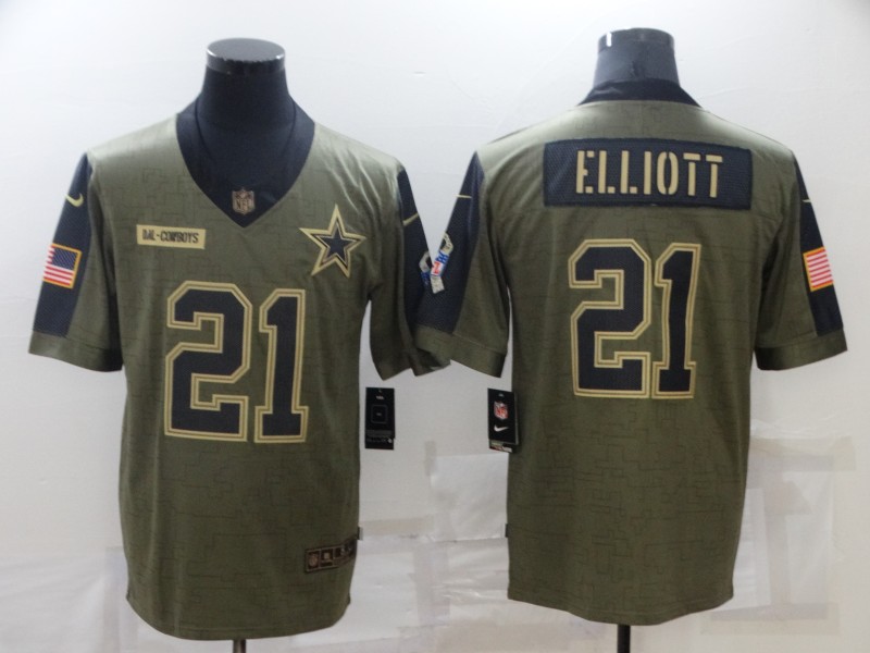 Nike Cowboys 21 Ezekiel Elliott Olive 2021 Salute To Service Limited Jersey - Click Image to Close