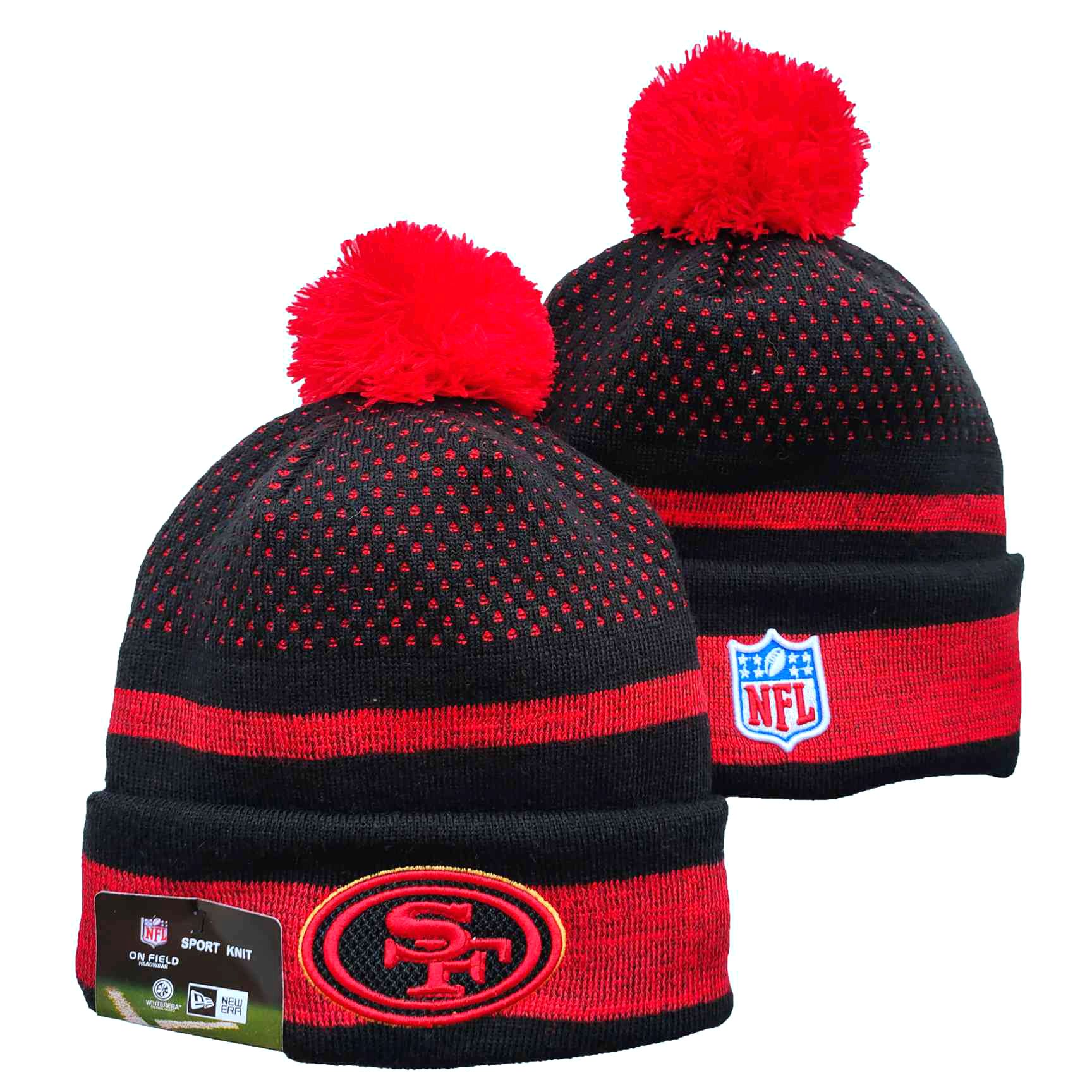49ers Team Logo Black and Red Pom Cuffed Knit Hat YD