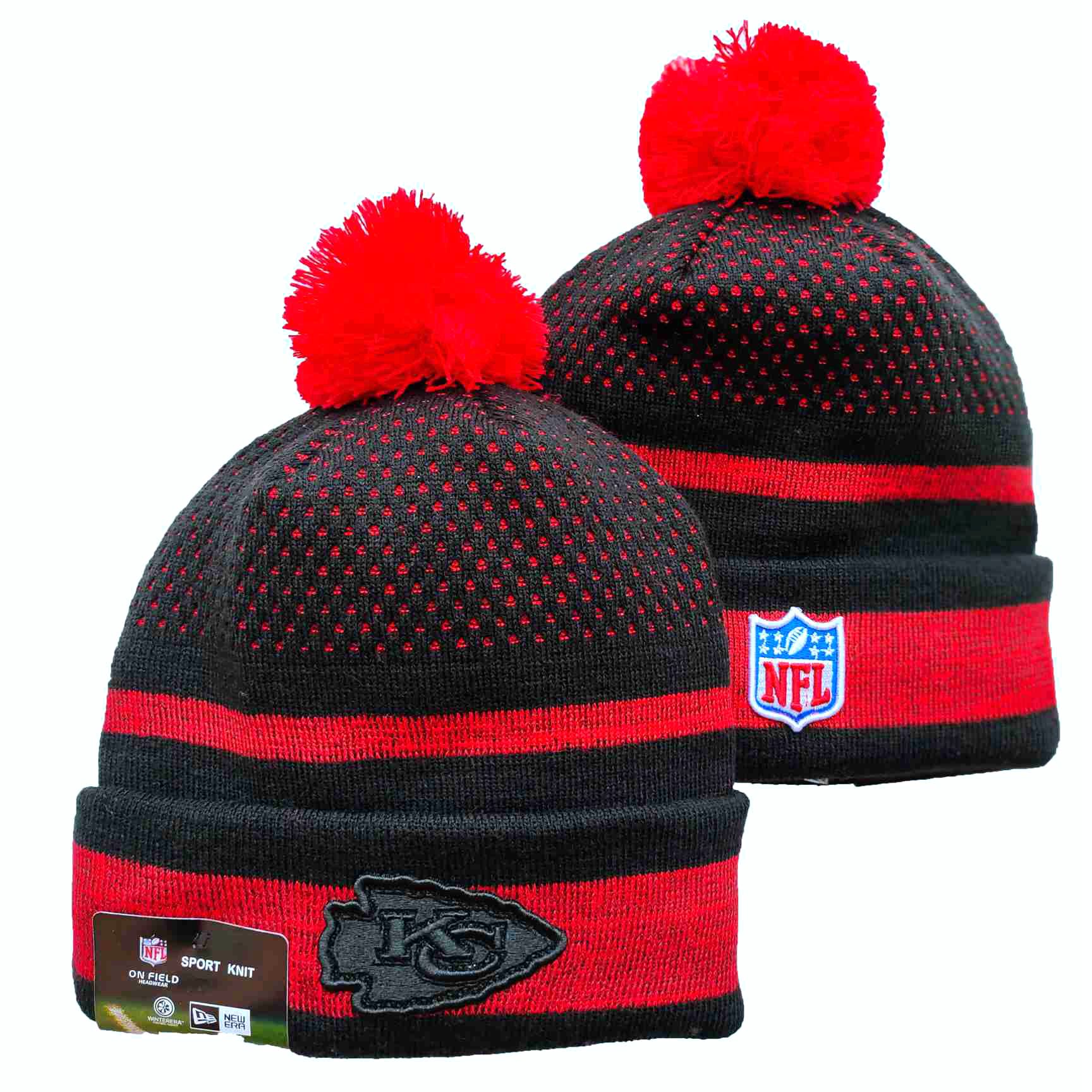Chiefs Team Logo Black and Red Pom Cuffed Knit Hat YD - Click Image to Close