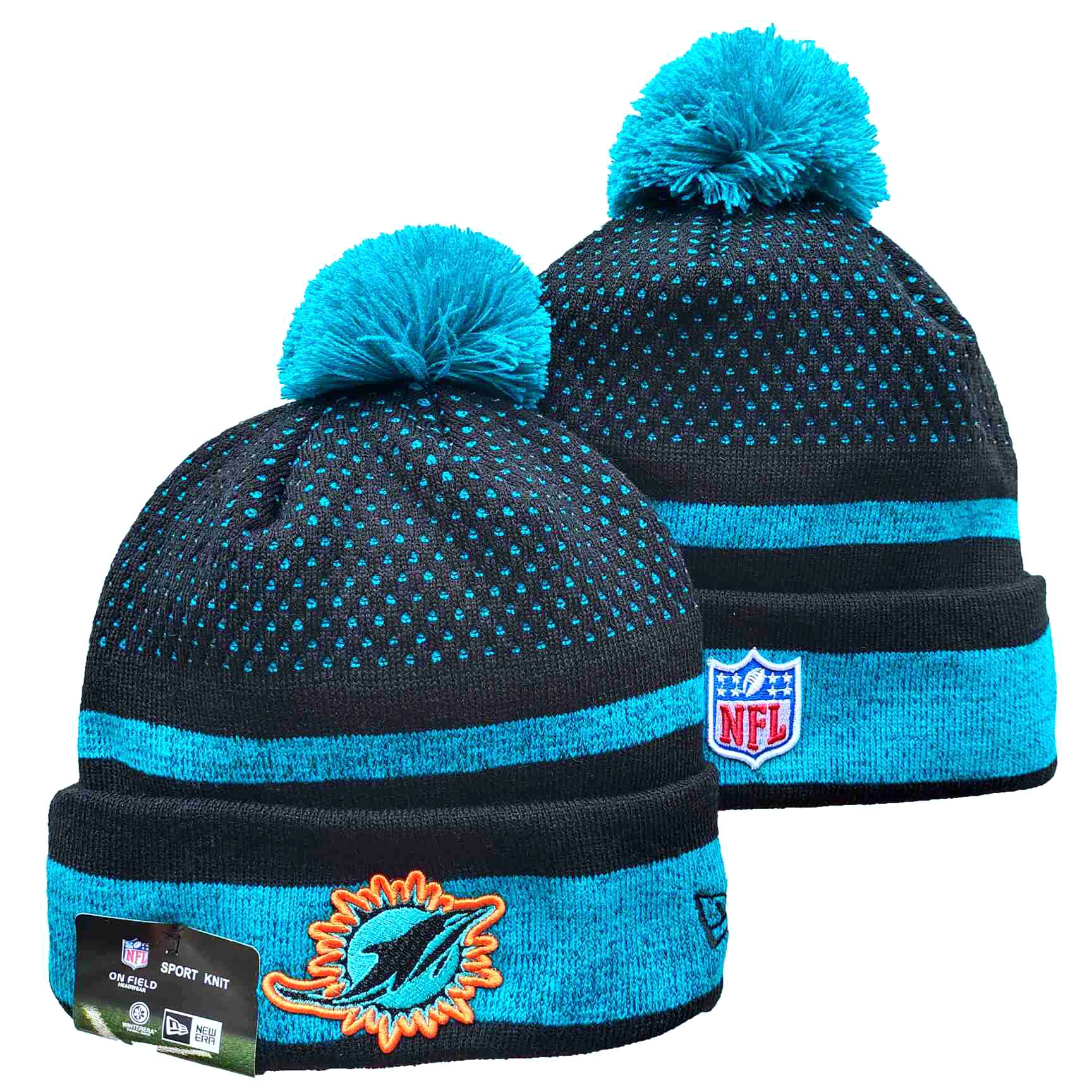 Dolphins Team Logo Black and Aque Pom Cuffed Knit Hat YD