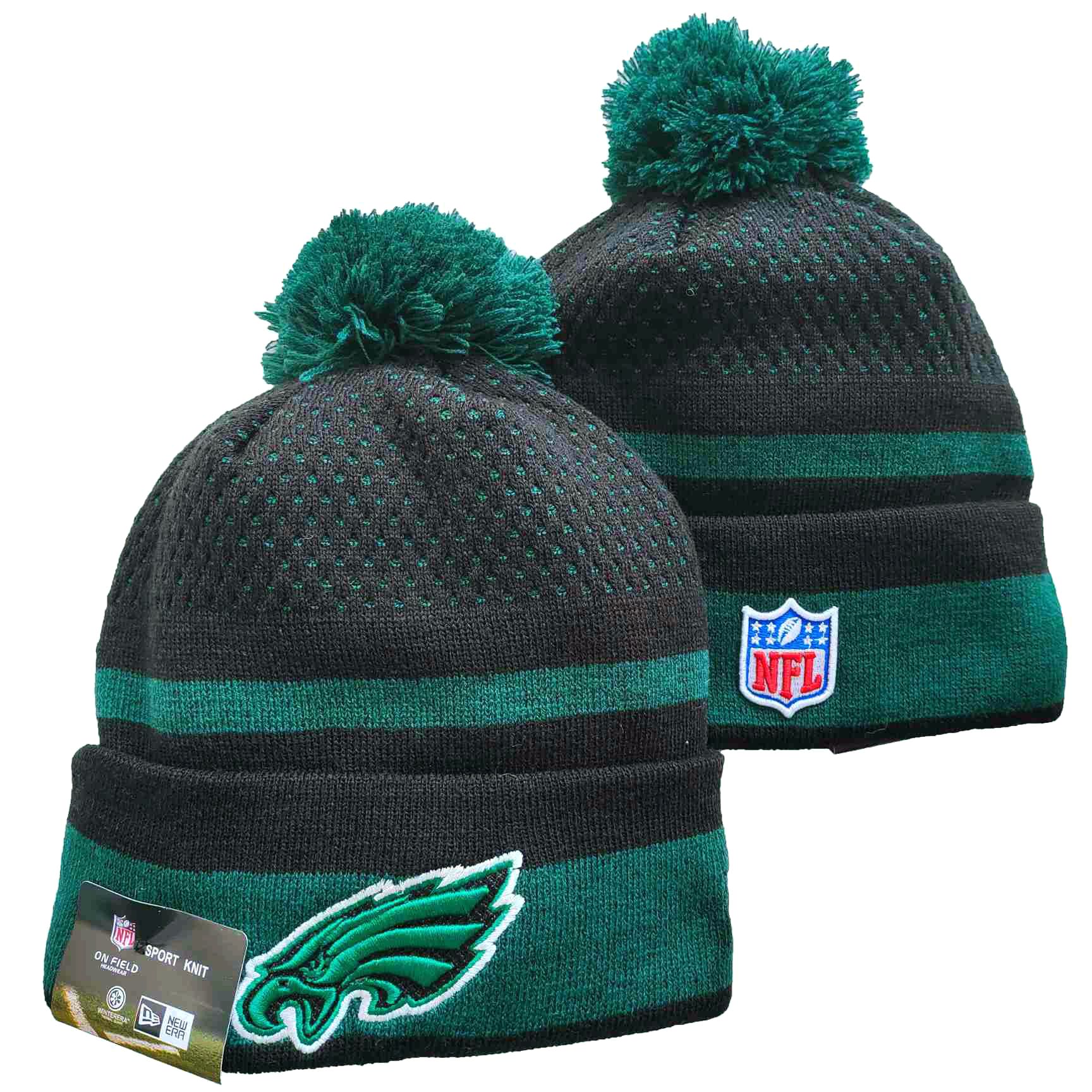 Eagles Team Logo Black and Green Pom Cuffed Knit Hat YD