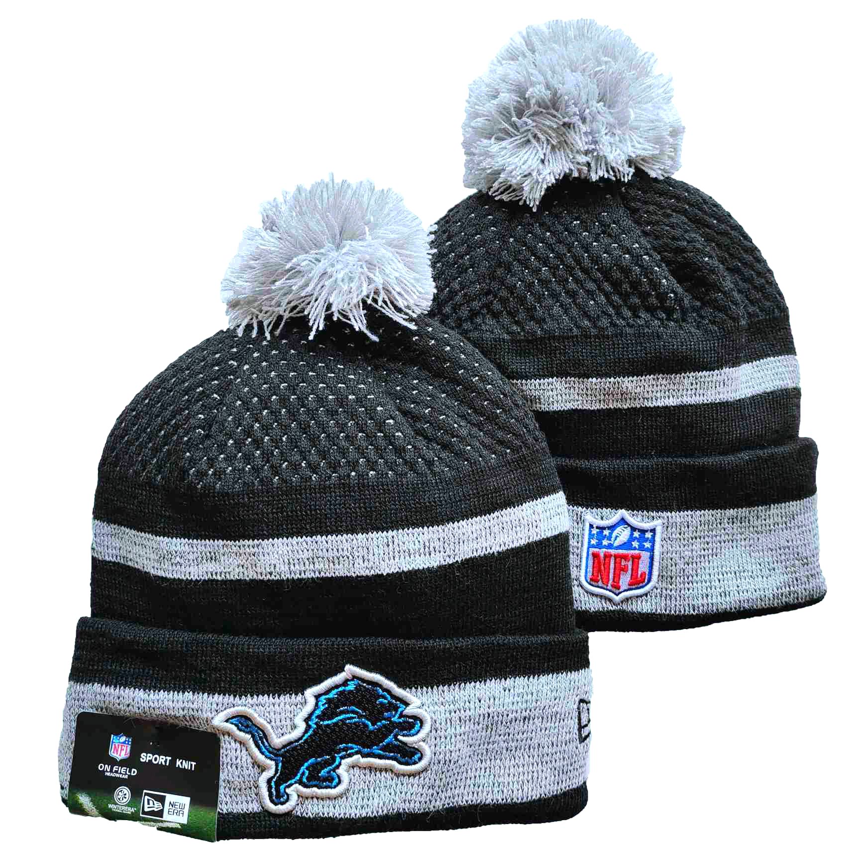Lions Team Logo Black and White Pom Cuffed Knit Hat YD - Click Image to Close