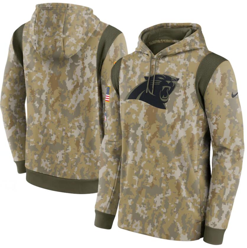 Men's Carolina Panthers Nike Camo 2021 Salute To Service Therma Performance Pullover Hoodie - Click Image to Close