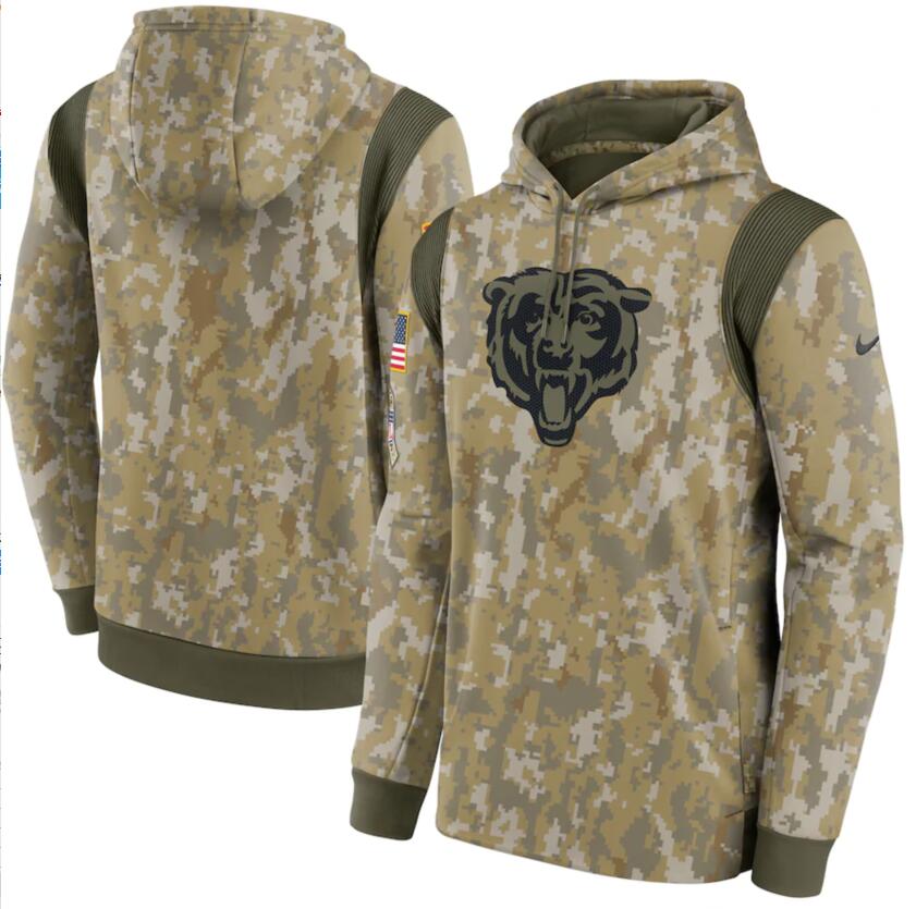 Men's Chicago Bears Nike Camo 2021 Salute To Service Therma Performance Pullover Hoodie - Click Image to Close
