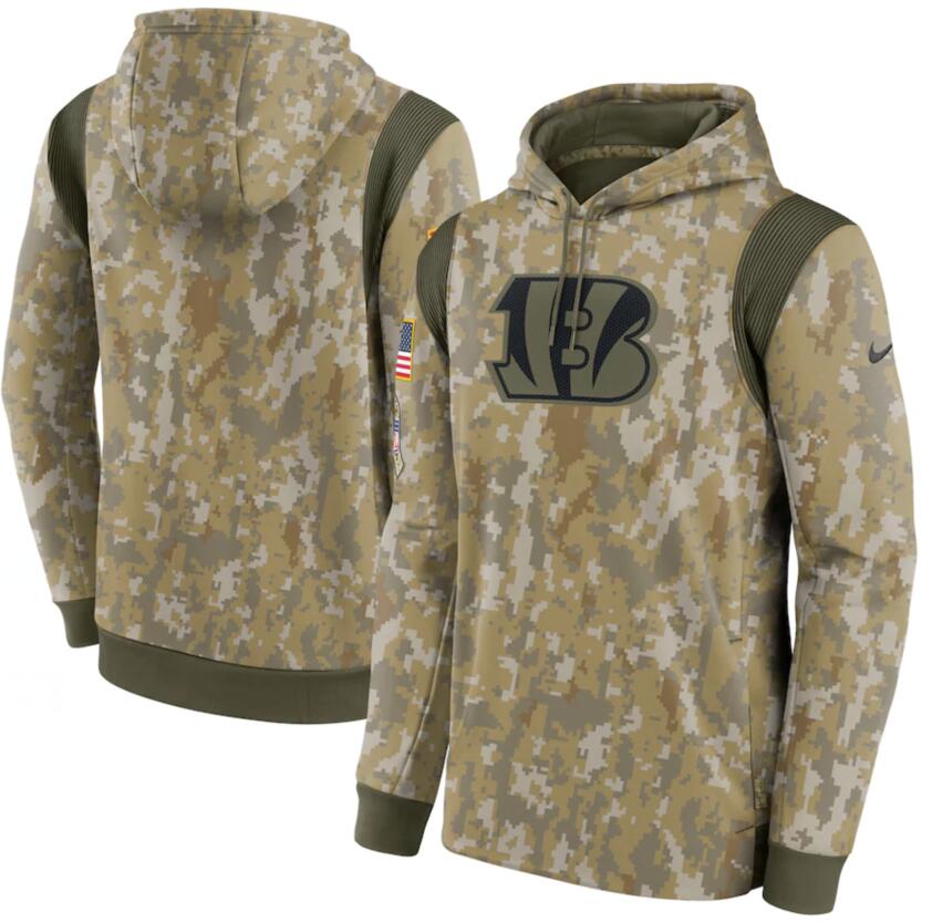 Men's Cincinnati Bengals Nike Camo 2021 Salute To Service Therma Performance Pullover Hoodie - Click Image to Close