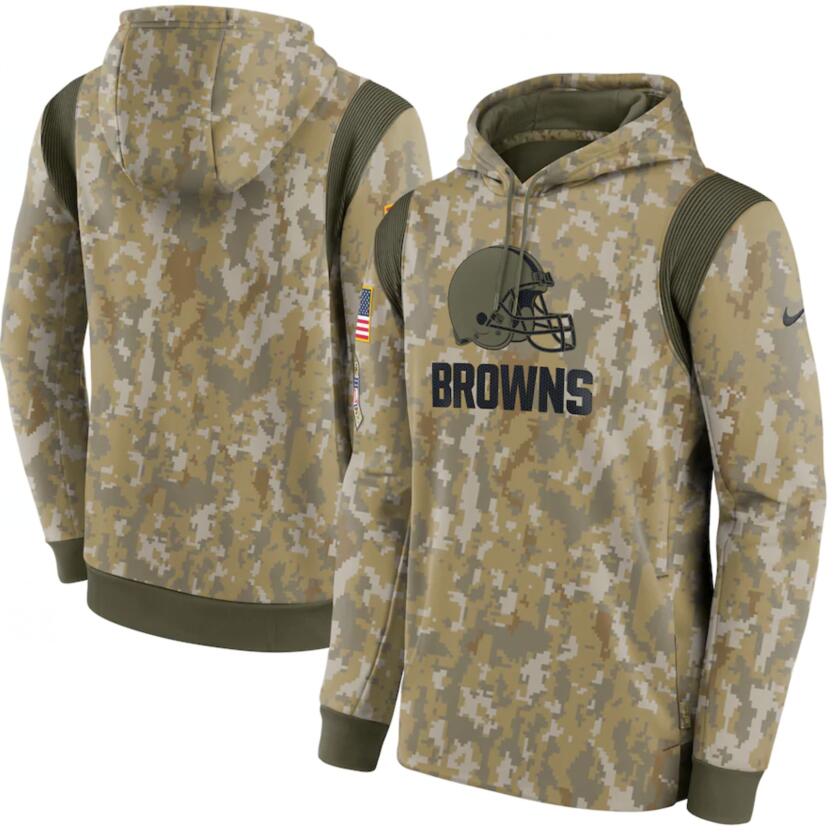 Men's Cleveland Browns Nike Camo 2021 Salute To Service Therma Performance Pullover Hoodie - Click Image to Close