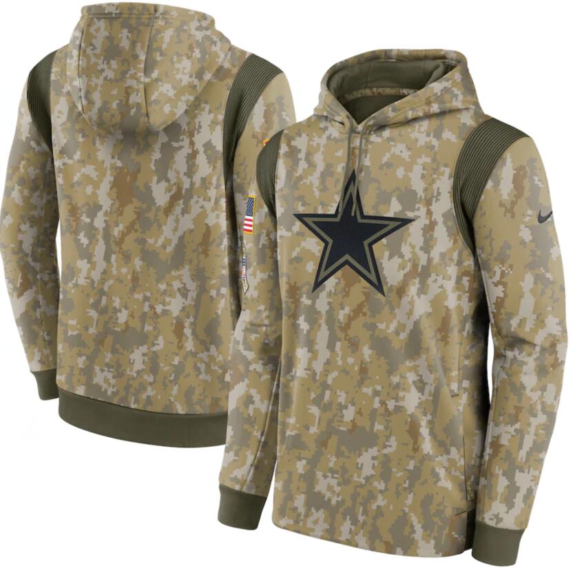 Men's Dallas Cowboys Nike Camo 2021 Salute To Service Therma Performance Pullover Hoodie - Click Image to Close