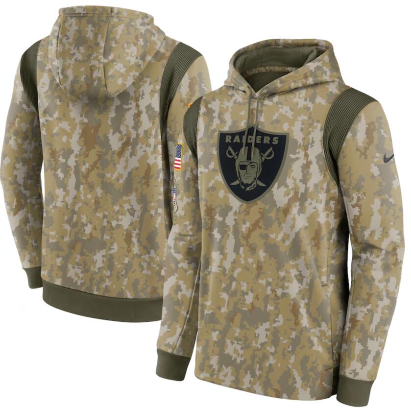 Men's Las Vegas Raiders Nike Camo 2021 Salute To Service Therma Performance Pullover Hoodie - Click Image to Close