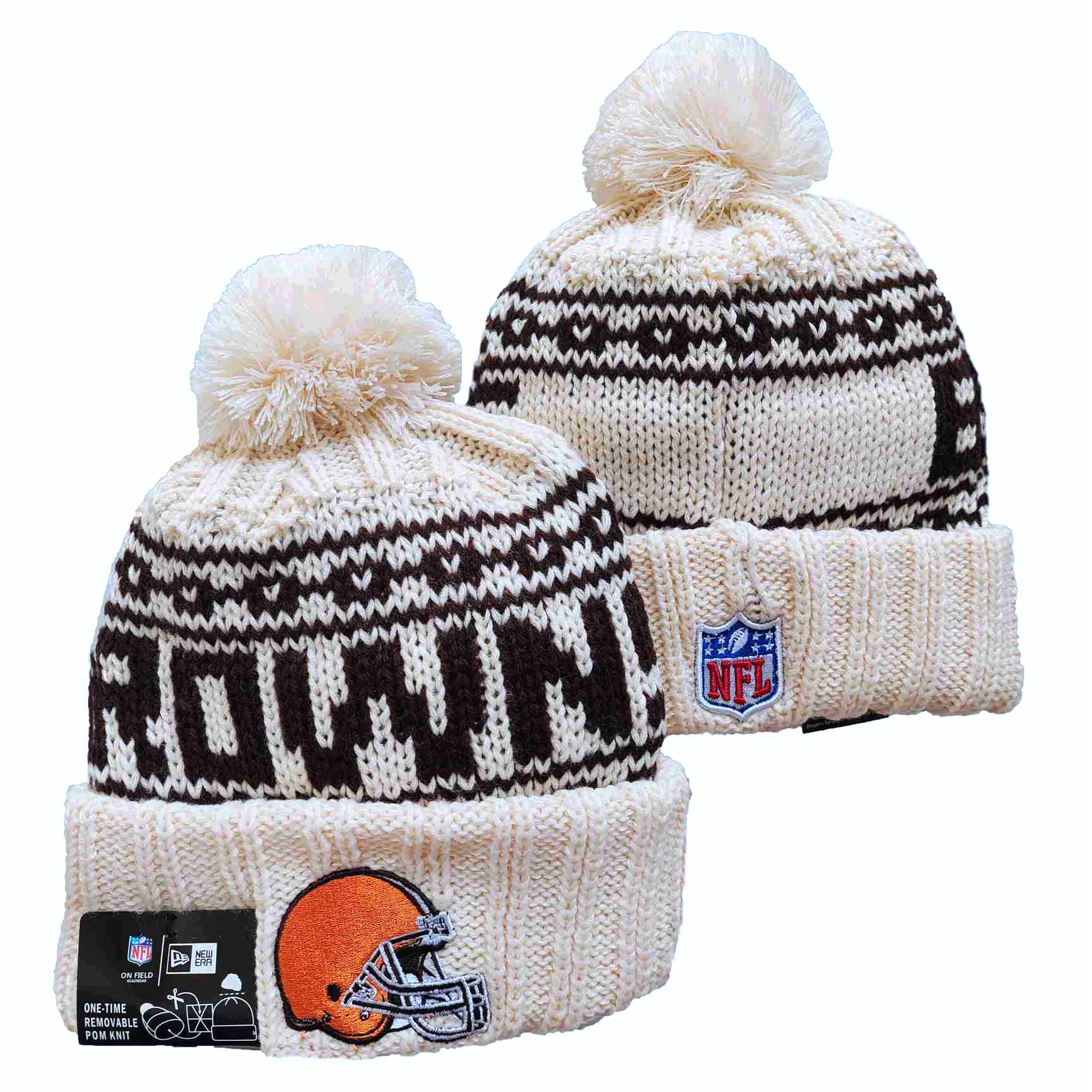 Browns Team Logo Cream New Era Cuffed Knit Hat with Pom