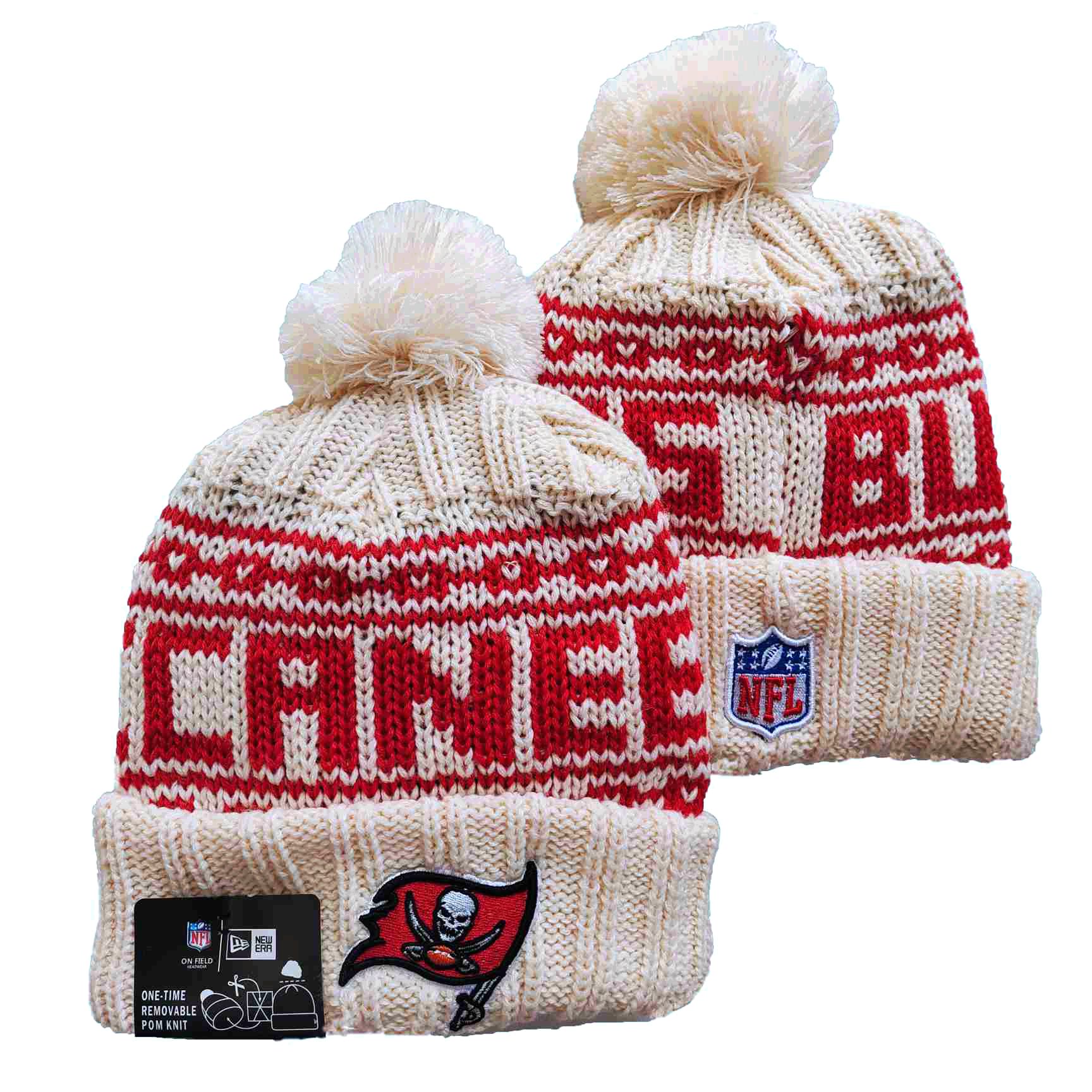 Buccaneers Team Logo Cream New Era Cuffed Knit Hat with Pom - Click Image to Close