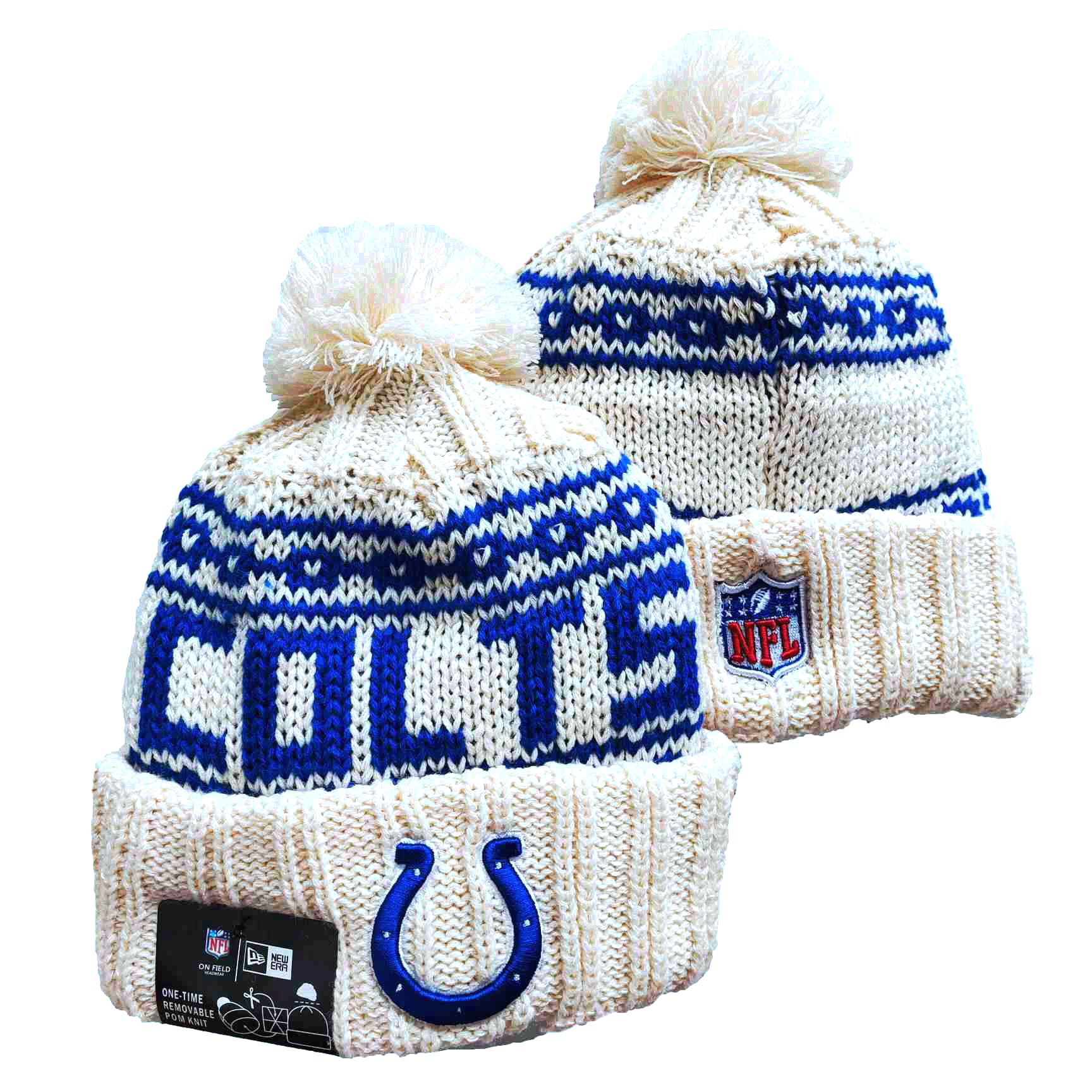Colts Team Logo Cream New Era Cuffed Knit Hat with Pom - Click Image to Close