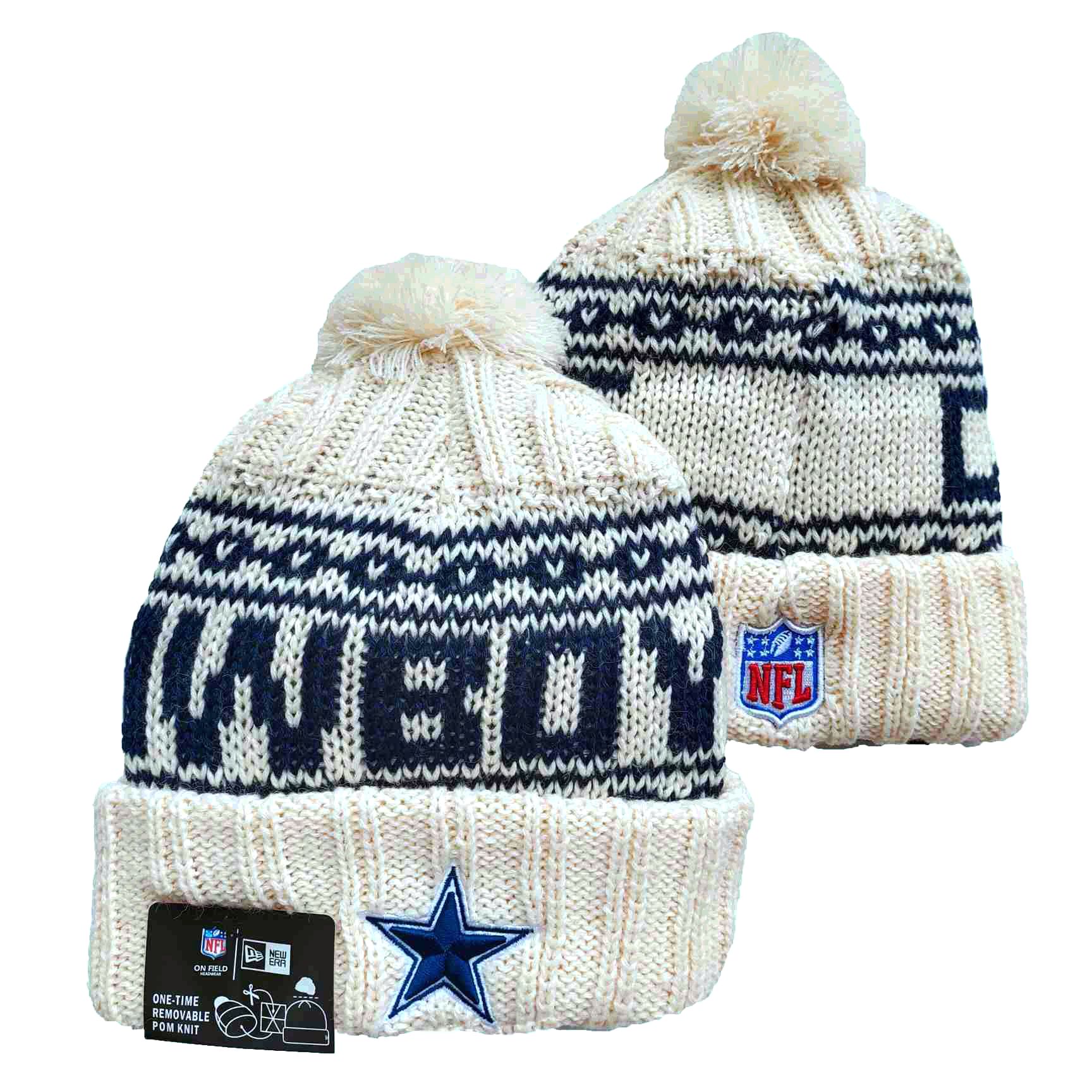 Cowboys Team Logo Cream New Era Cuffed Knit Hat with Pom - Click Image to Close