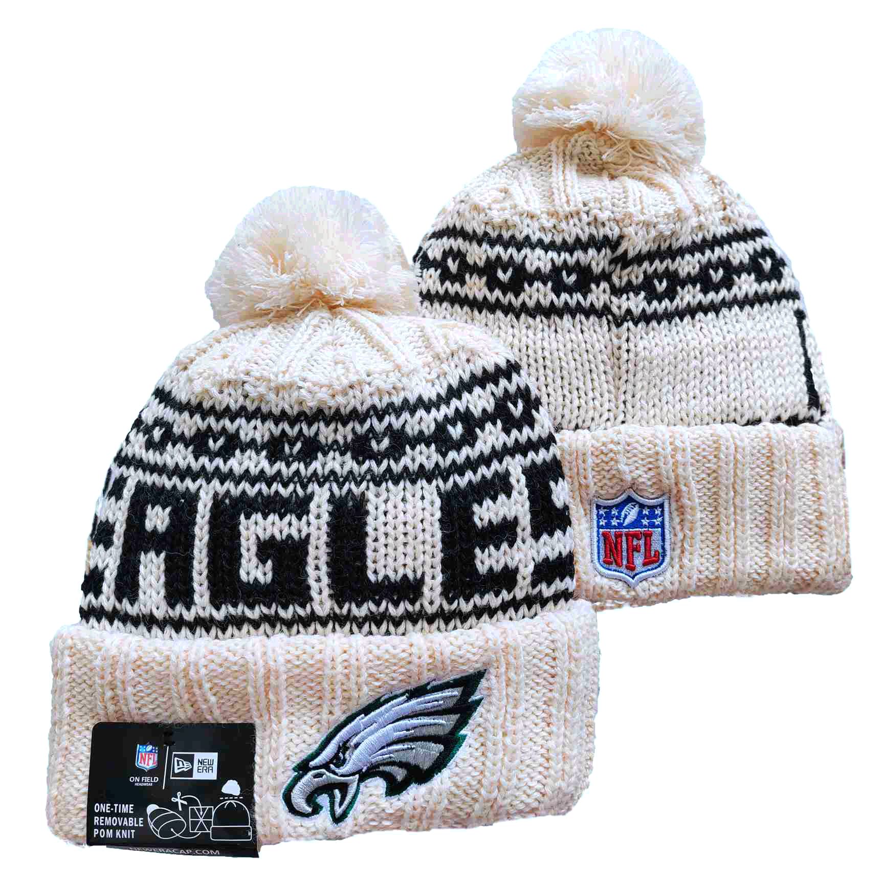 Eagles Team Logo Cream New Era Cuffed Knit Hat with Pom