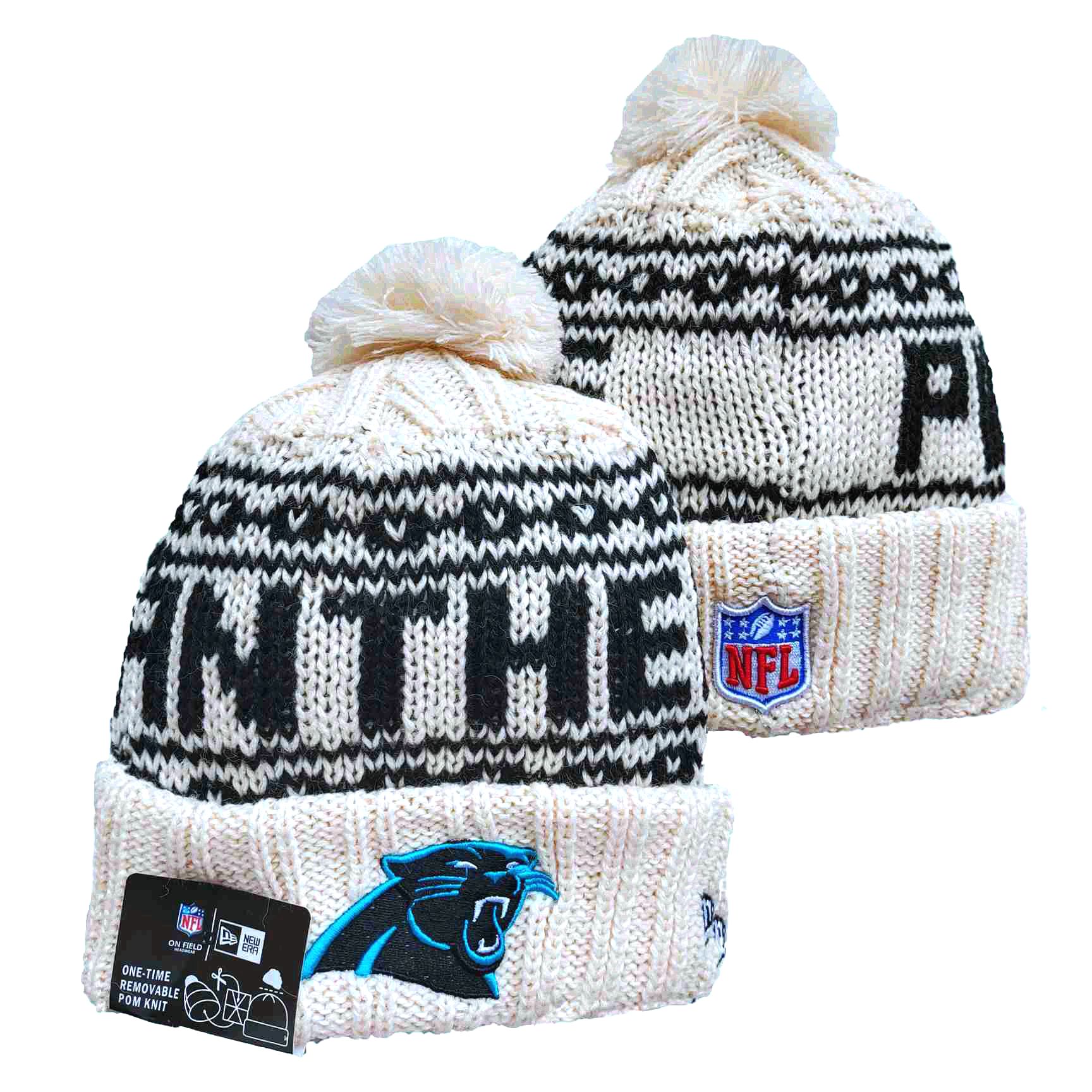 Panthers Team Logo Cream New Era Cuffed Knit Hat with Pom