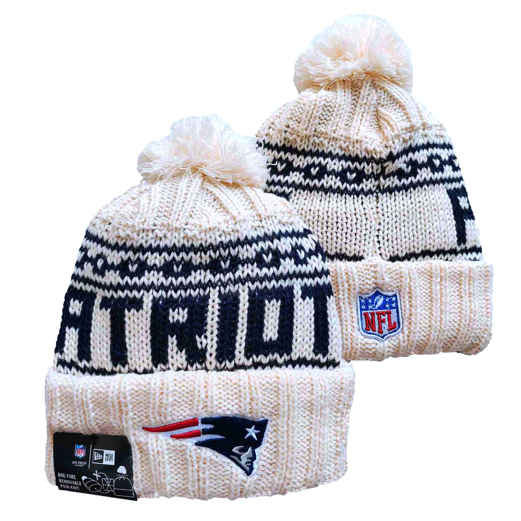 Patriots Team Logo Cream New Era Cuffed Knit Hat with Pom