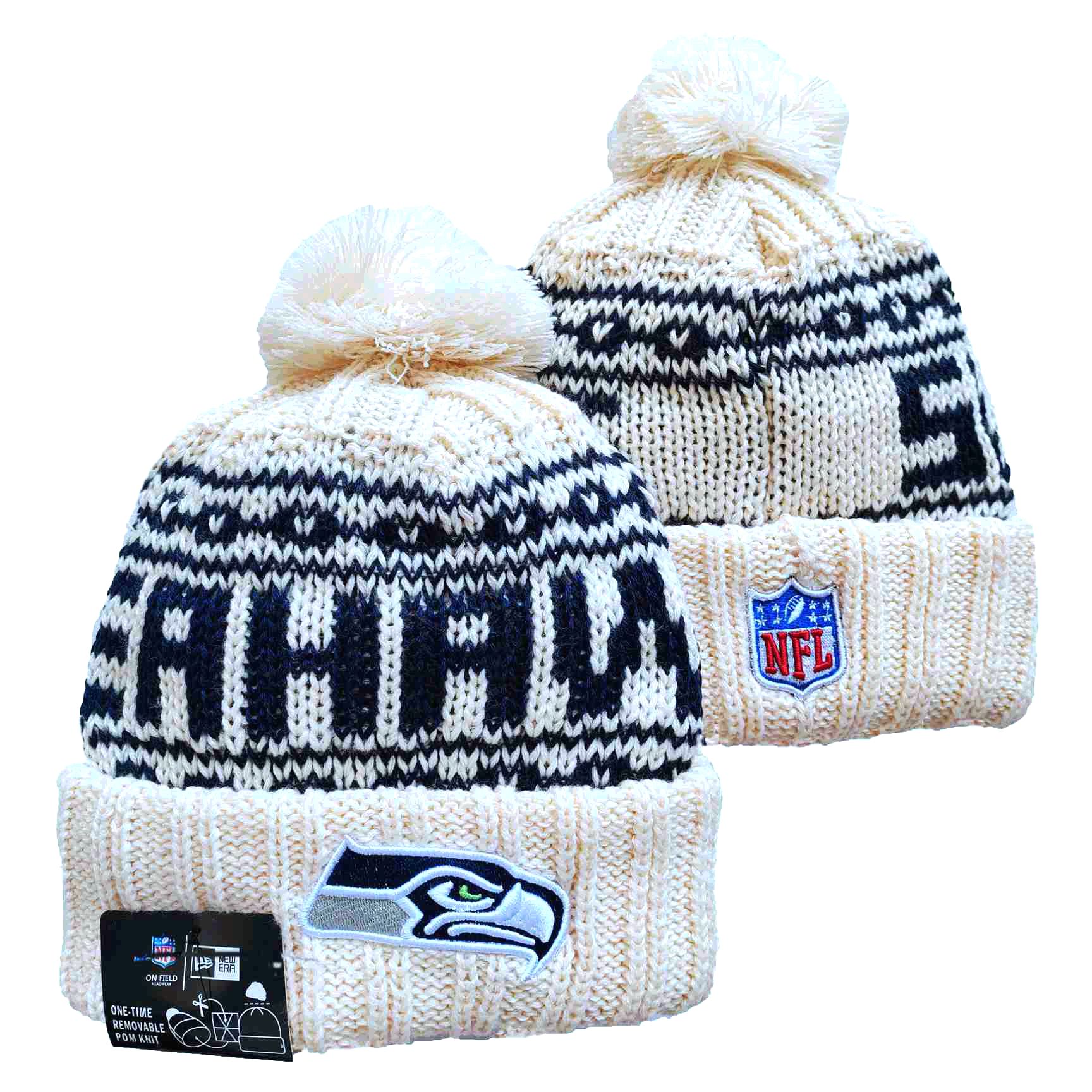 Seahawks Team Logo Cream New Era Cuffed Knit Hat with Pom