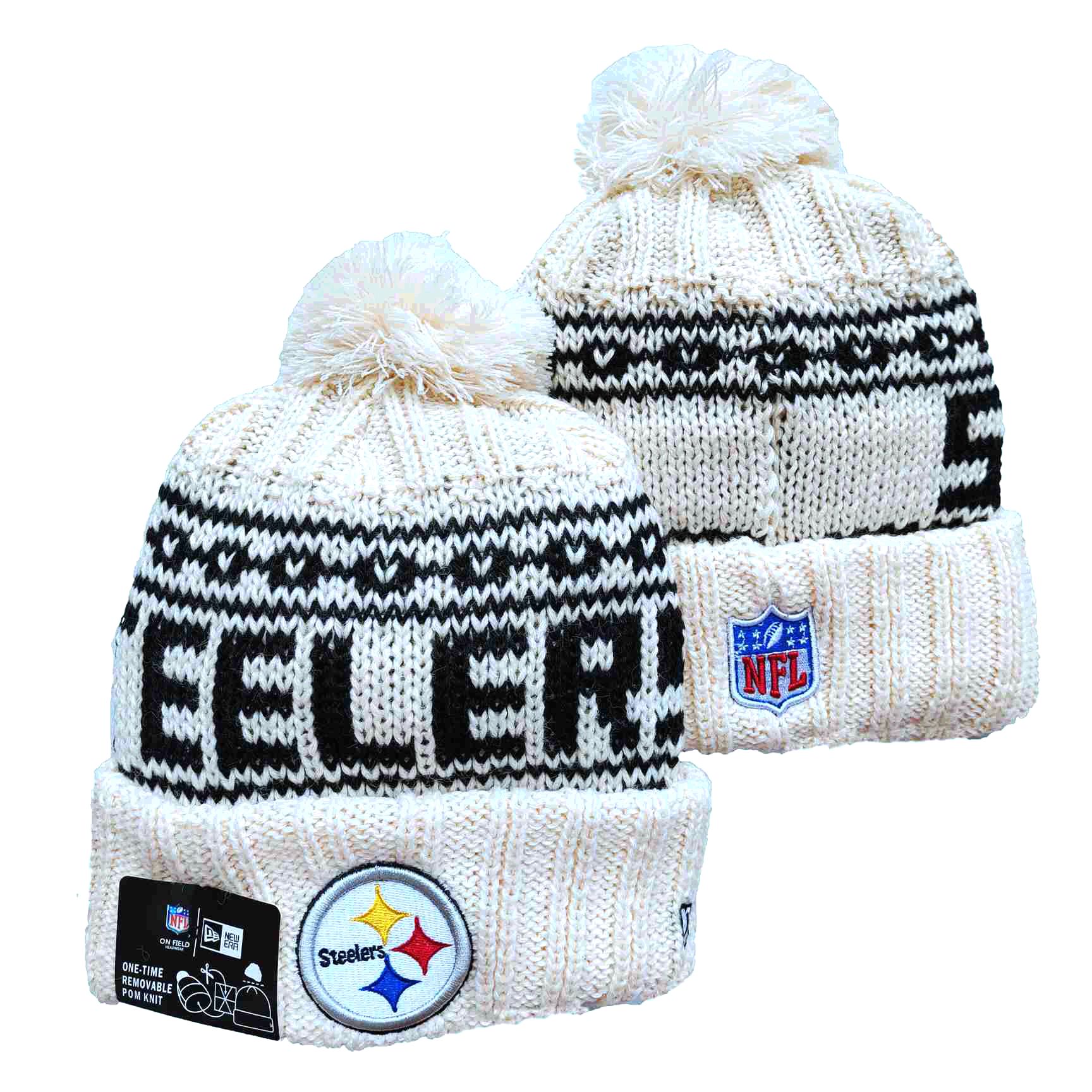 Steelers Team Logo Cream New Era Cuffed Knit Hat with Pom - Click Image to Close