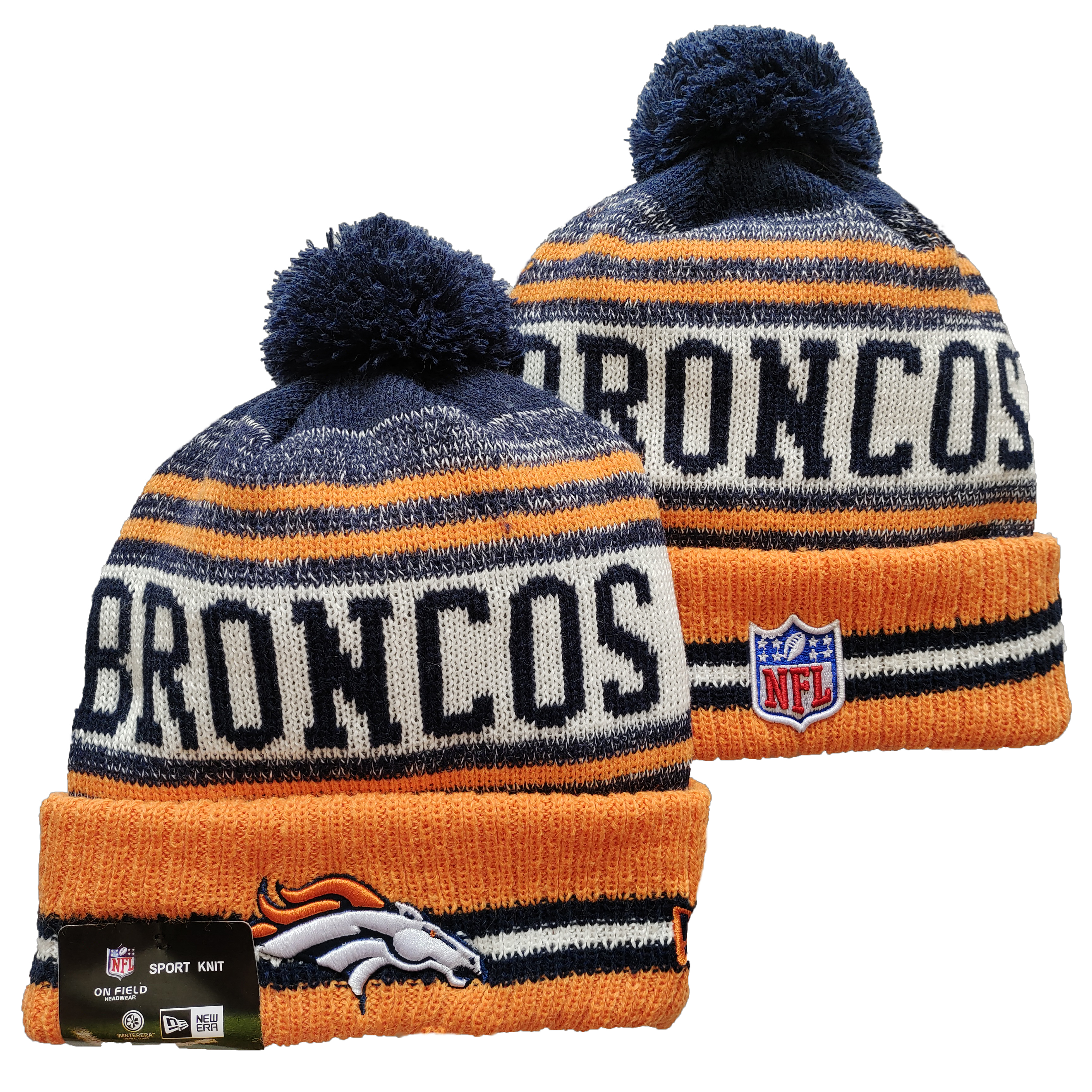 Broncos Team Logo Orange and Navy Pom Cuffed Knit Hat YD