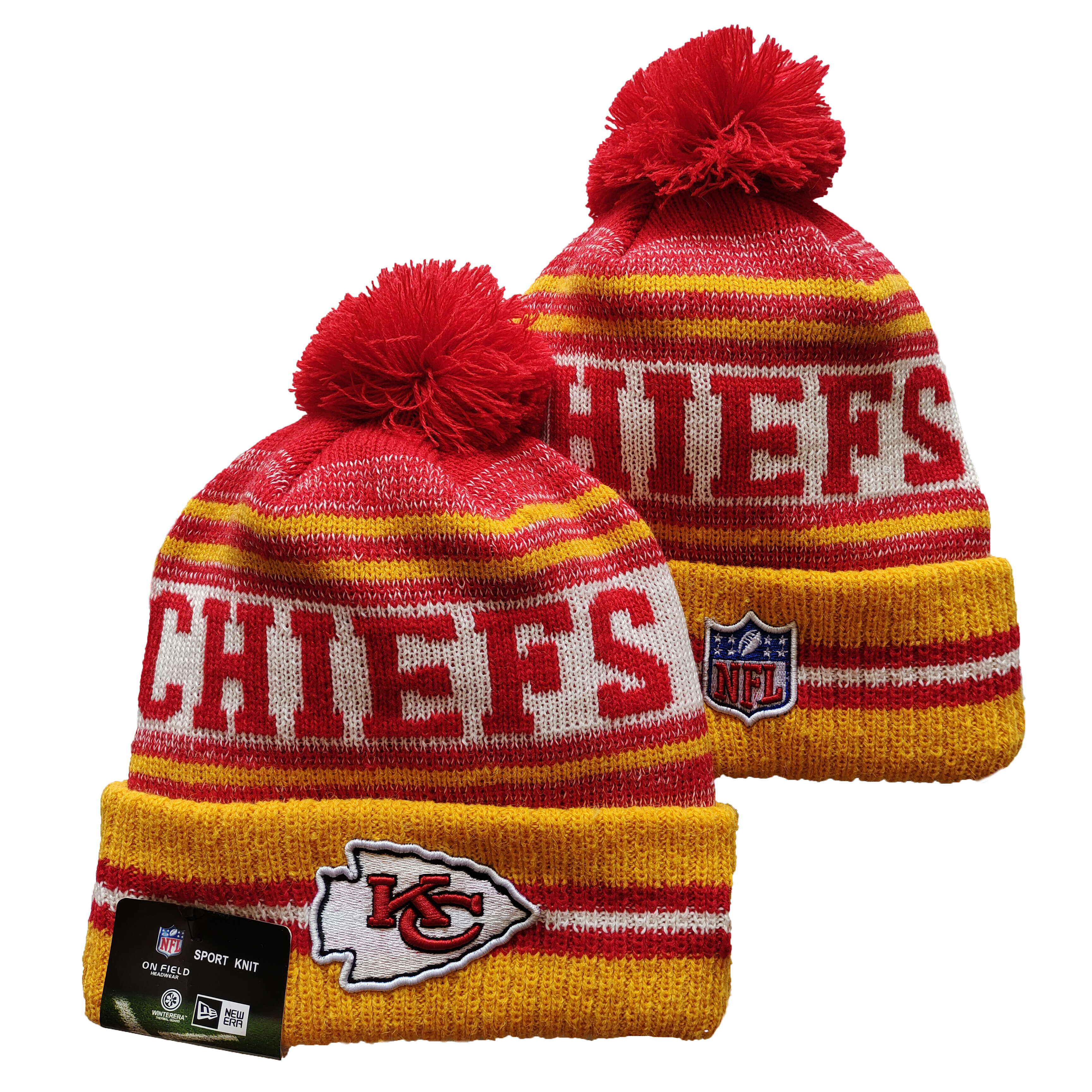 Chiefs Team Logo Red and Yellow Pom Cuffed Knit Hat YD - Click Image to Close