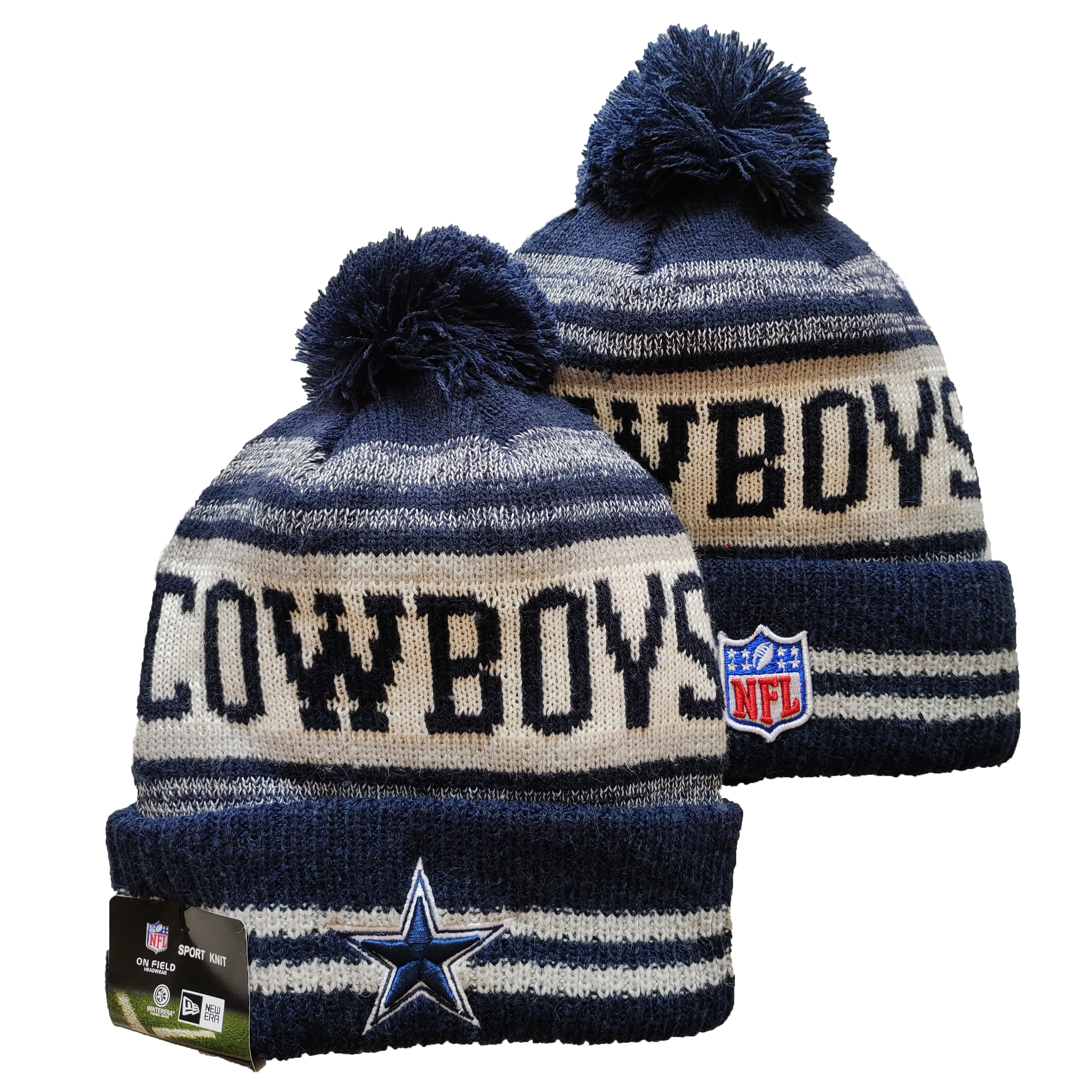 Cowboys Team Logo Navy and White Pom Cuffed Knit Hat YD