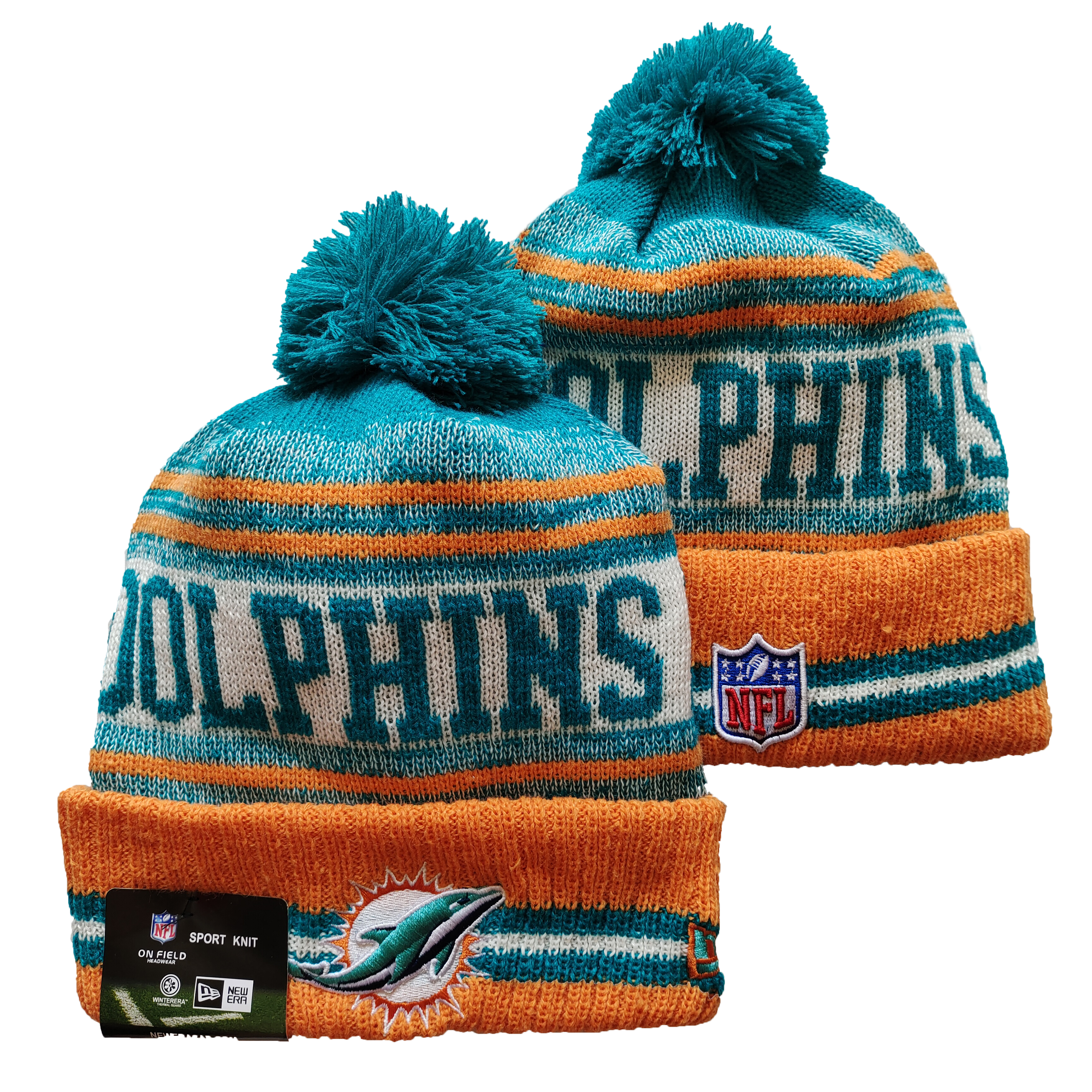 Dolphins Team Logo Aque and Orange Pom Cuffed Knit Hat YD