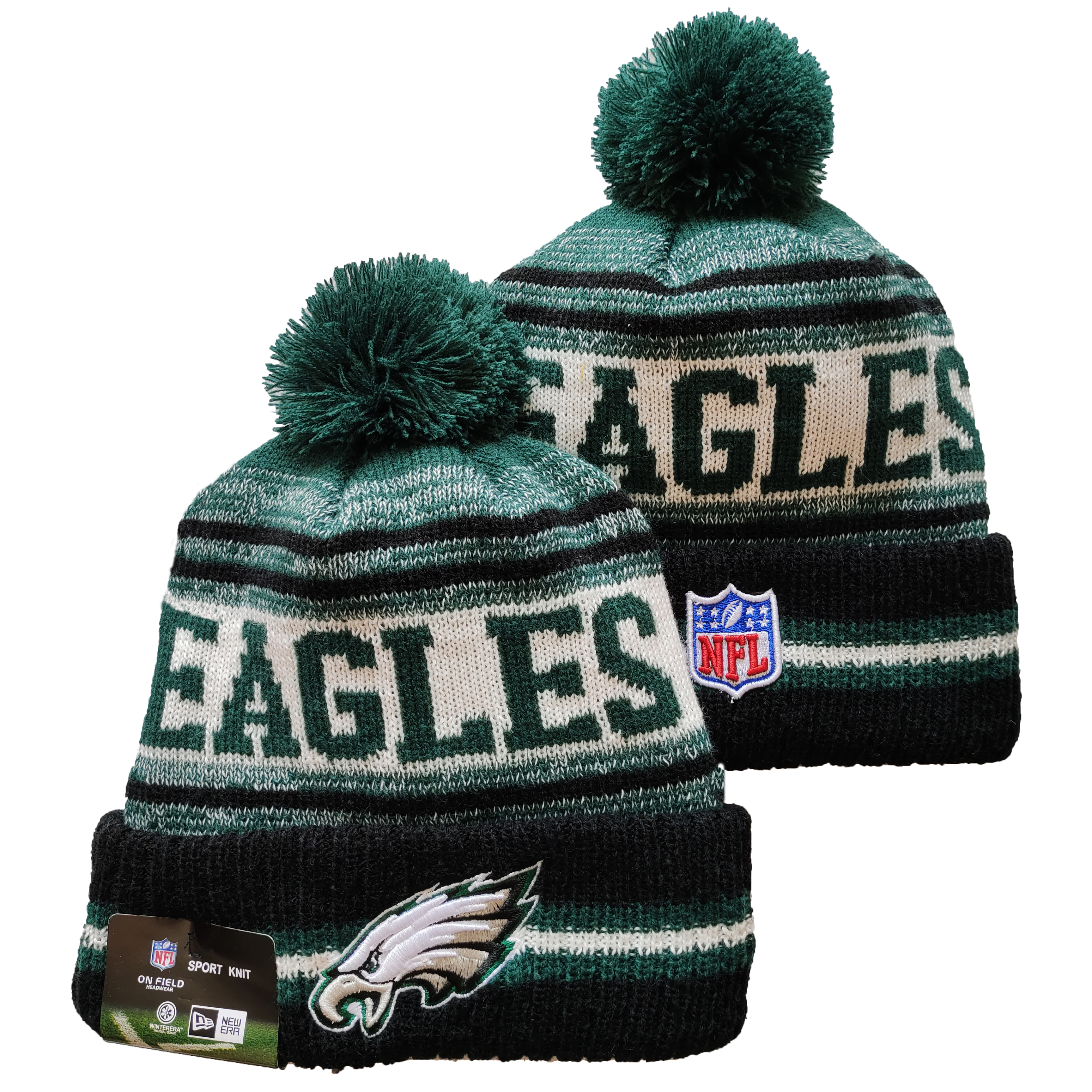 Eagles Team Logo Green and Black Pom Cuffed Knit Hat YD