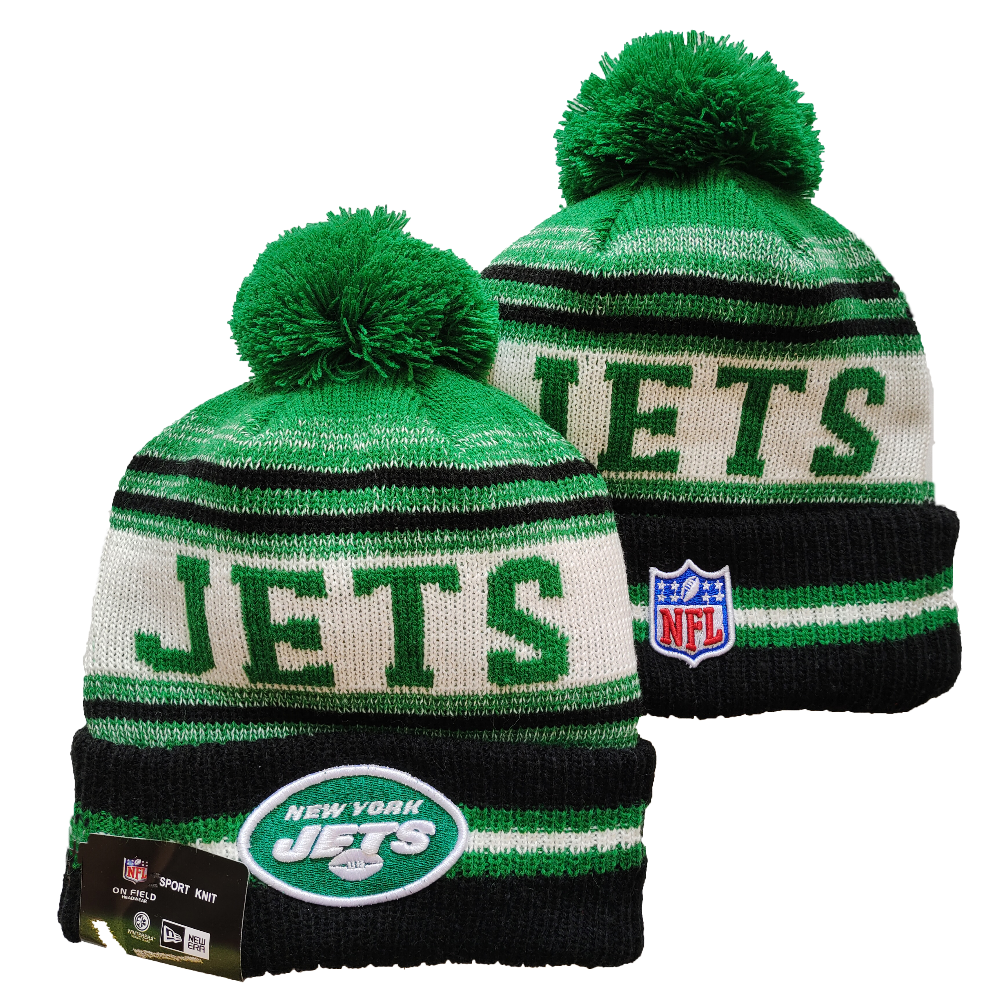 Jets Team Logo Green and Black Pom Cuffed Knit Hat YD