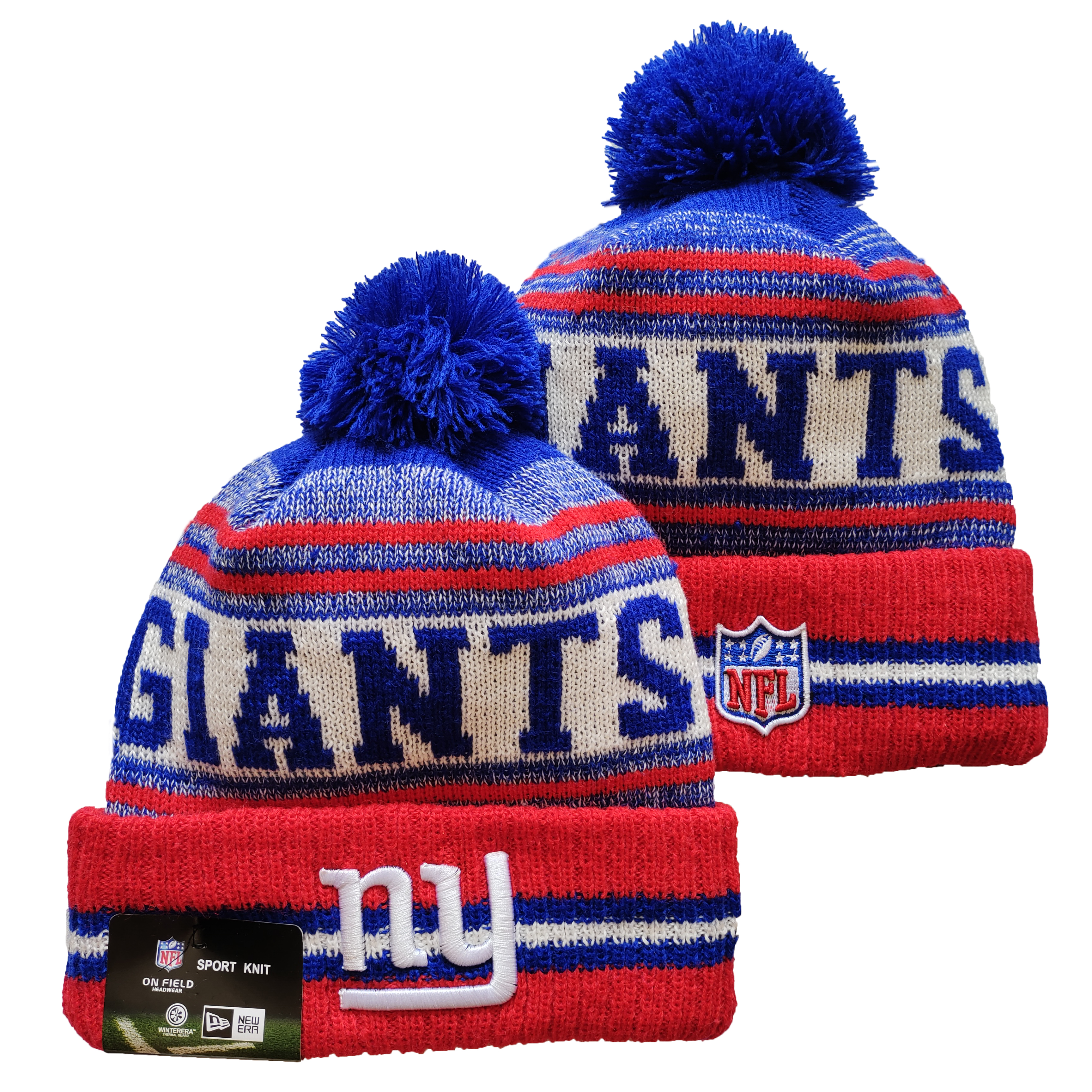 New York Giants Team Logo Red and Royal Pom Cuffed Knit Hat YD