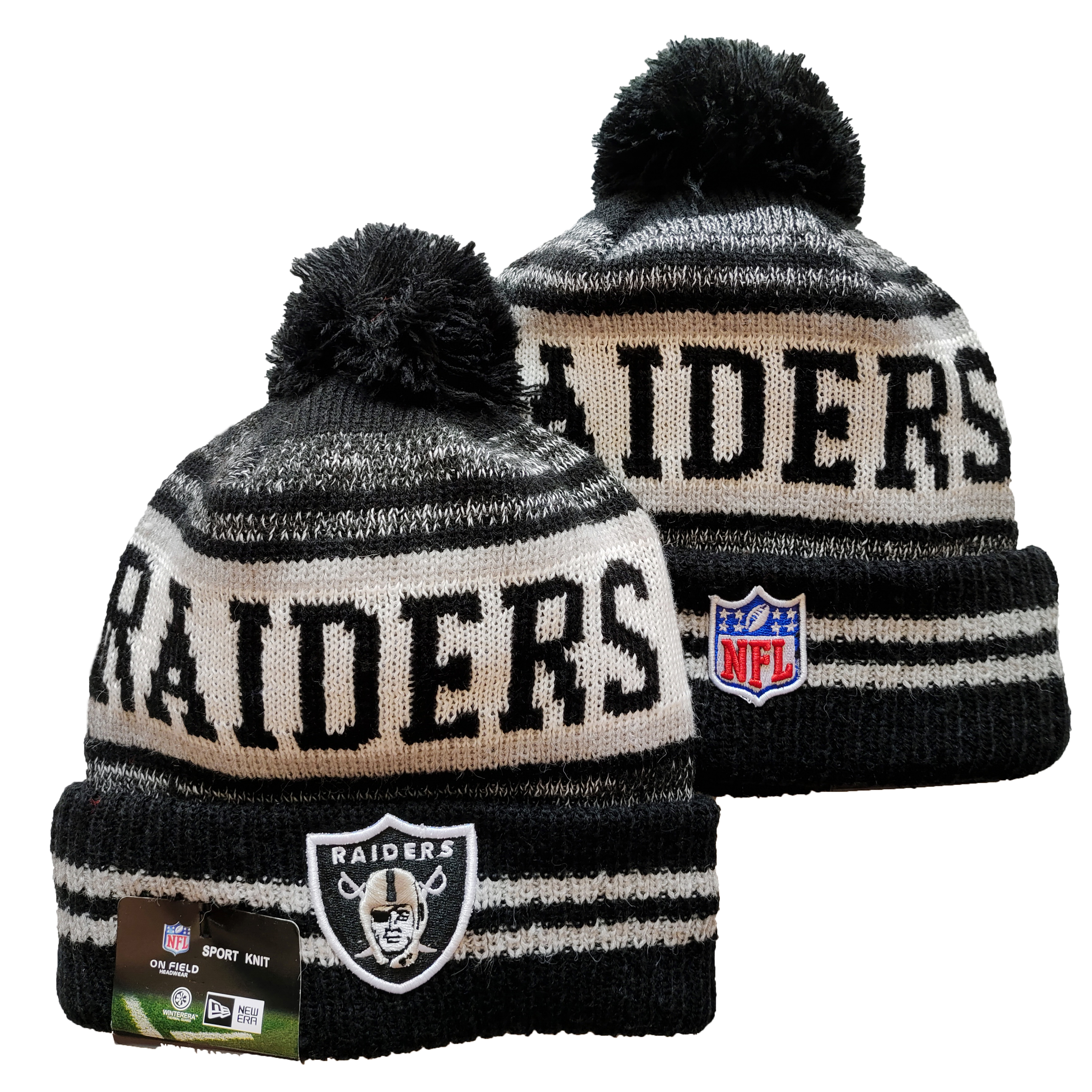 Raiders Team Logo Black and Gray Pom Cuffed Knit Hat YD - Click Image to Close