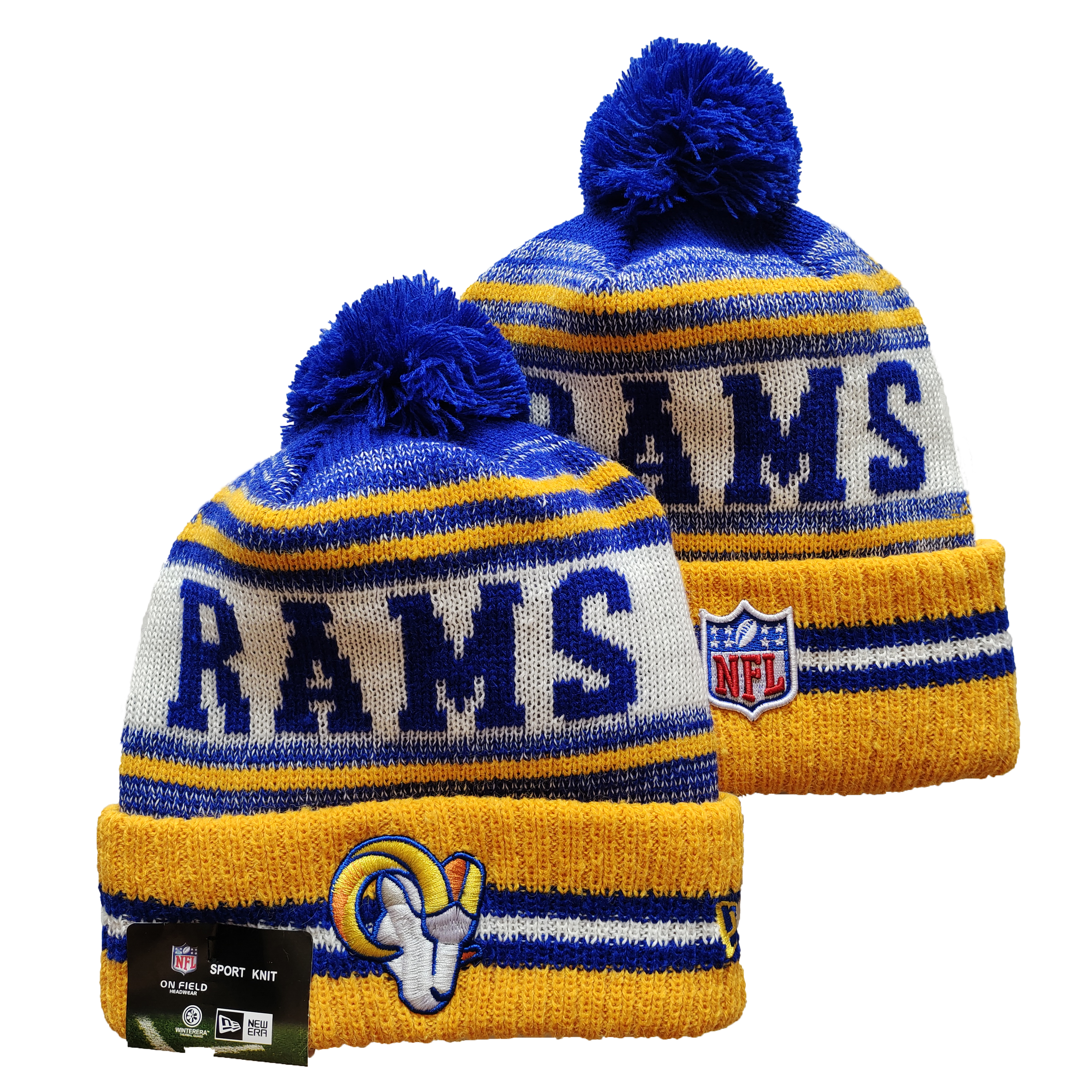 Rams Team Logo Yellow and Royal Pom Cuffed Knit Hat YD