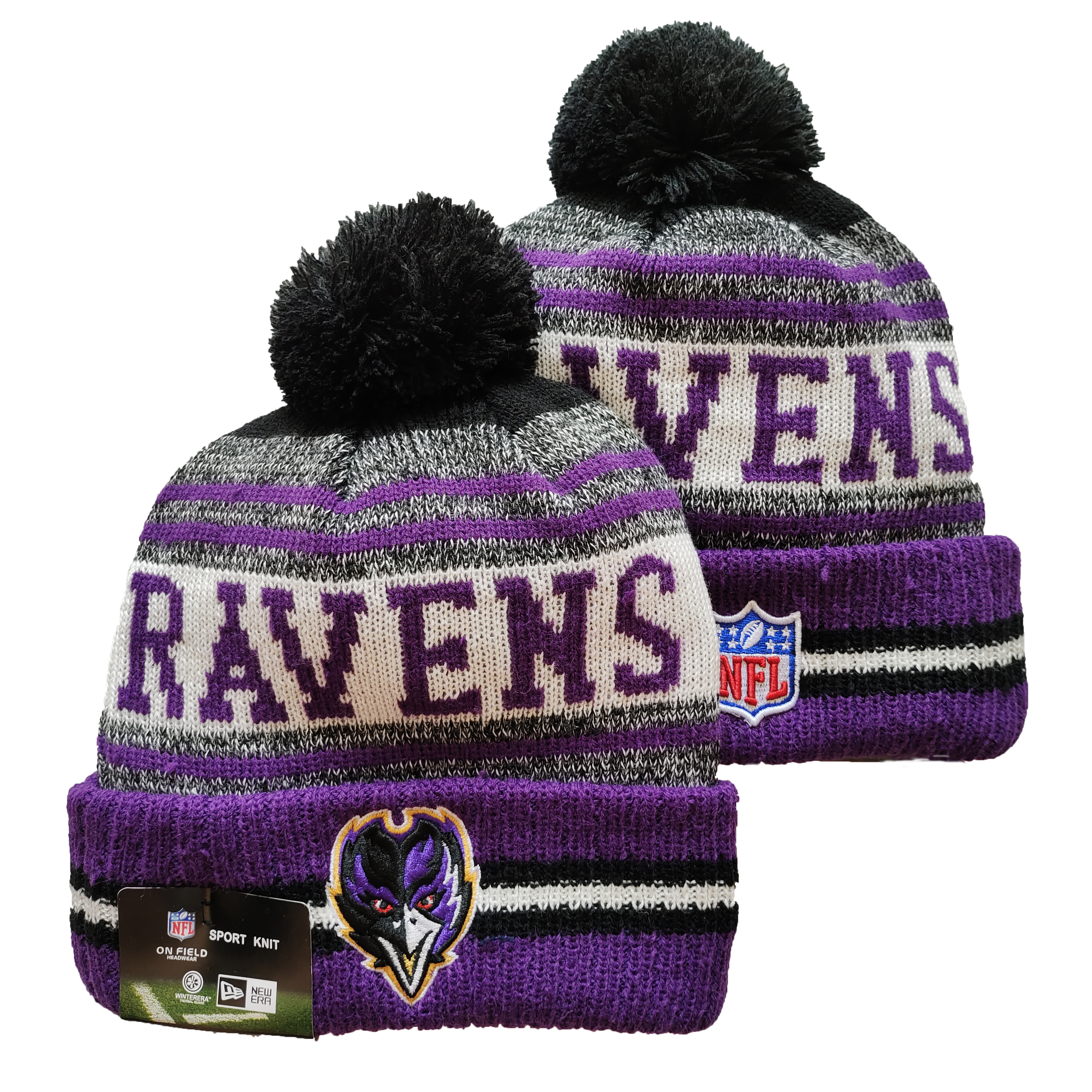 Ravens Team Logo Purple and Gray Pom Cuffed Knit Hat YD - Click Image to Close