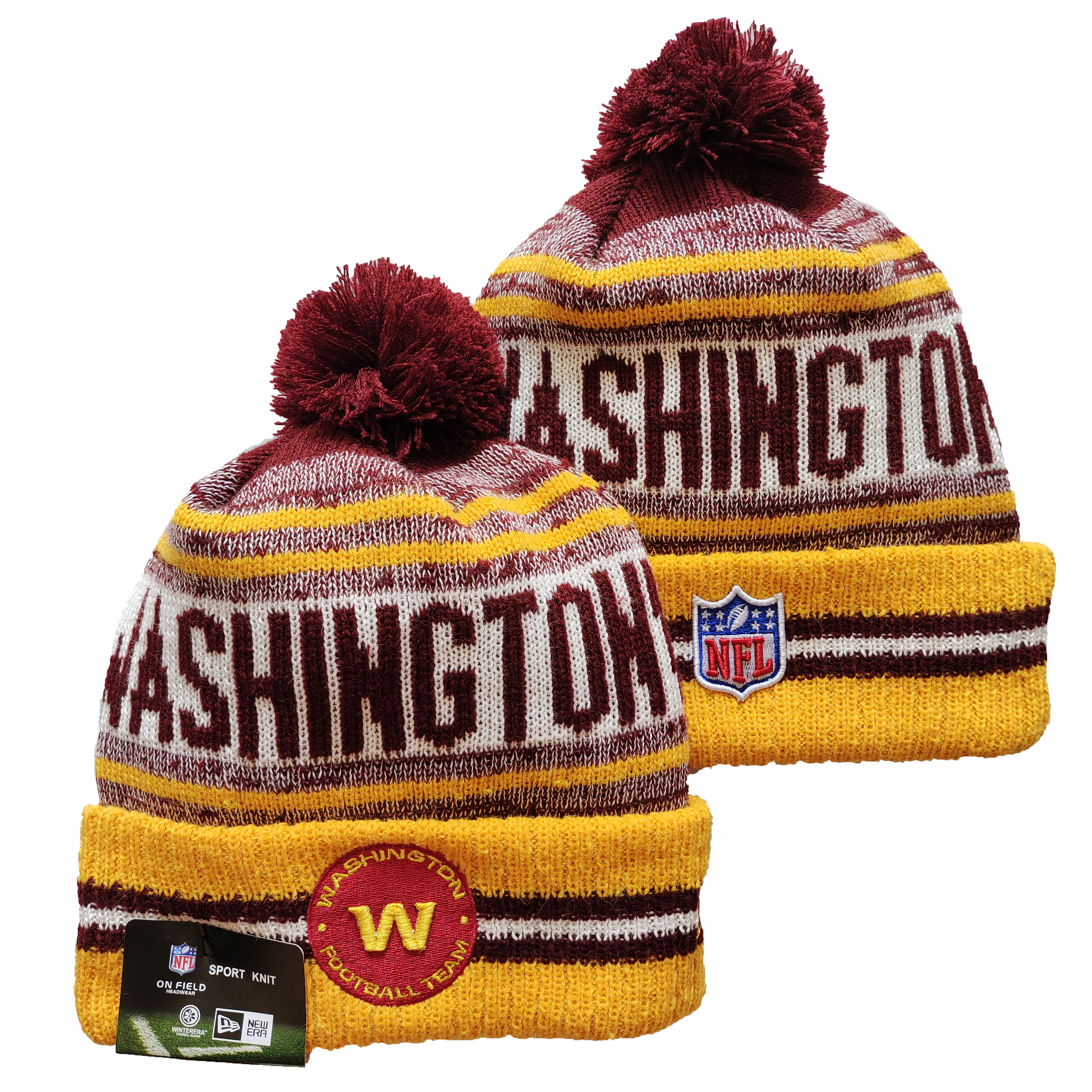 Washington Football Team Logo Yellow and Red Pom Cuffed Knit Hat YD