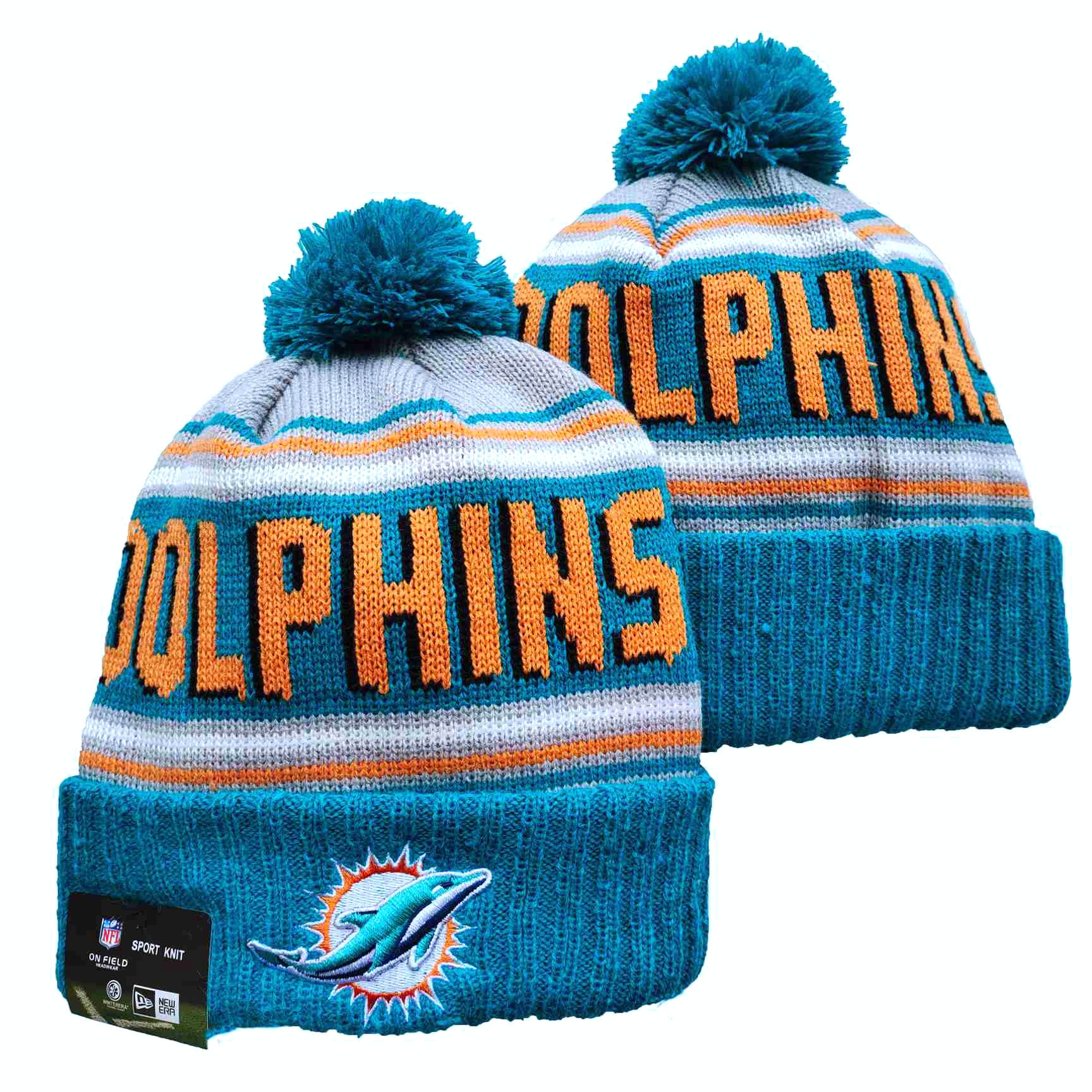 Dolphins Team Logo Aque Pom Cuffed Knit Hat YD