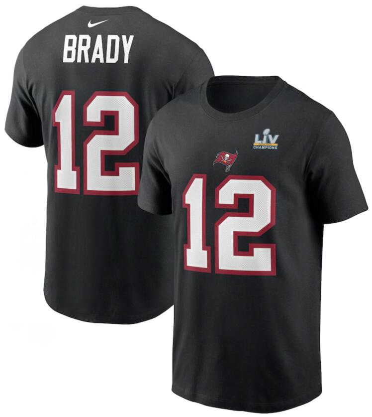 Men's Tampa Bay Buccaneers Tom Brady Nike Black Super Bowl LV Champions Name & Number T-Shirt