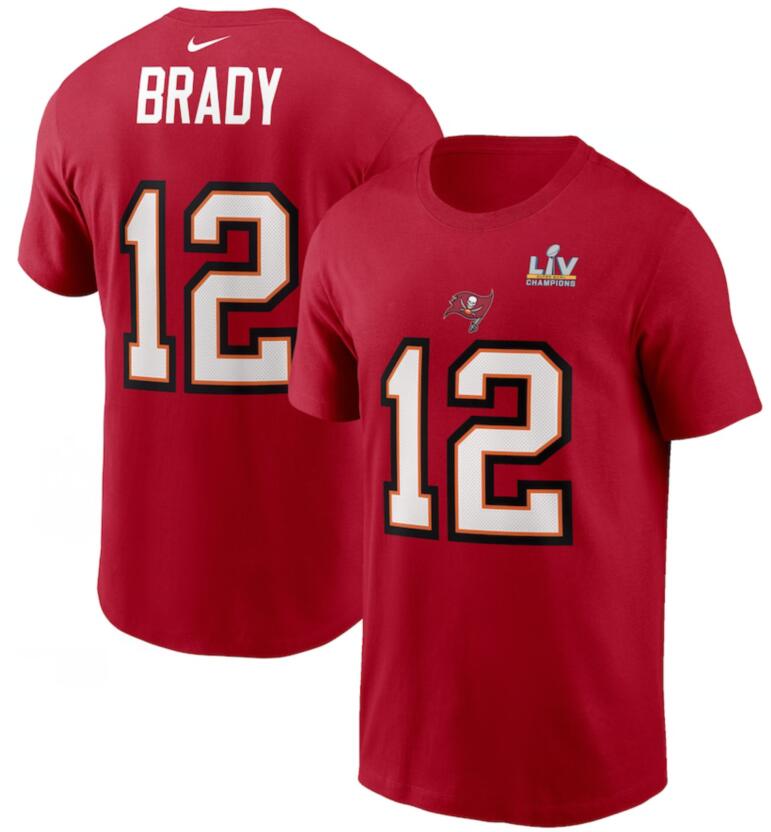 Men's Tampa Bay Buccaneers Tom Brady Nike Red Super Bowl LV Champions Name & Number T-Shirt