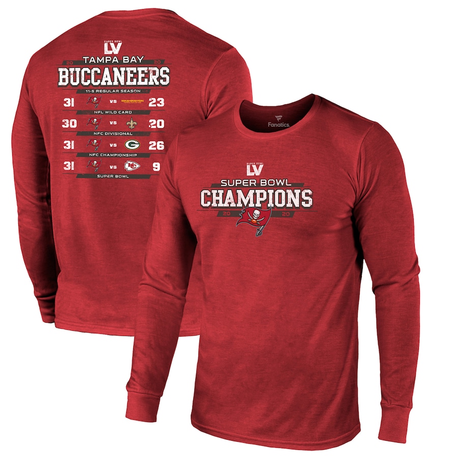 Men's Tampa Bay Buccaneers Fanatics Branded Red Super Bowl LV Champions Running Back Schedule Long Sleeve T-Shirt