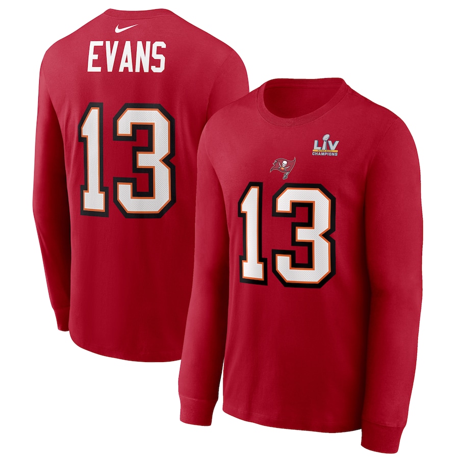 Men's Tampa Bay Buccaneers Mike Evans Nike Red Super Bowl LV Champions Name & Number Long Sleeve T-Shirt