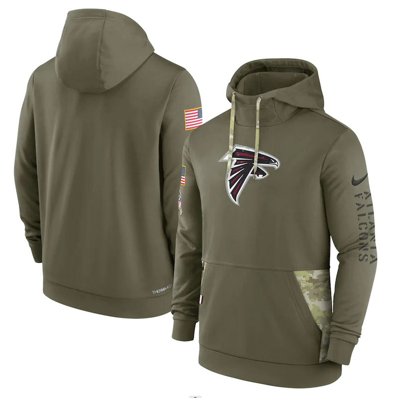 Men's Atlanta Falcons Nike Olive 2022 Salute to Service Therma Performance Pullover Hoodie - Click Image to Close