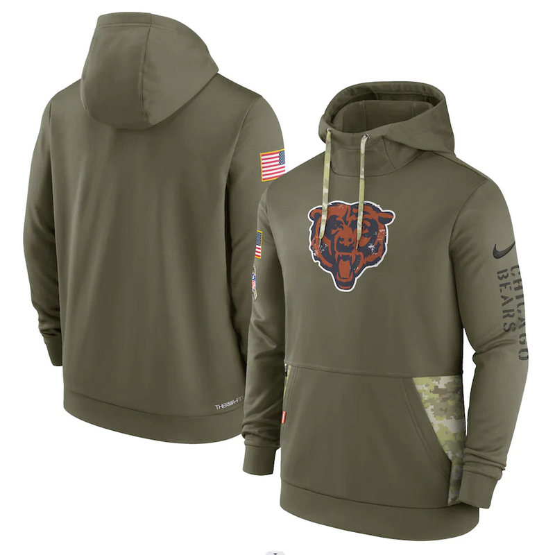 Men's Chicago Bears Nike Olive 2022 Salute to Service Therma Performance Pullover Hoodie - Click Image to Close