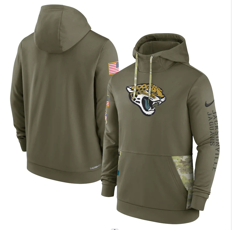 Men's Jacksonville Jaguars Nike Olive 2022 Salute to Service Therma Performance Pullover Hoodie - Click Image to Close