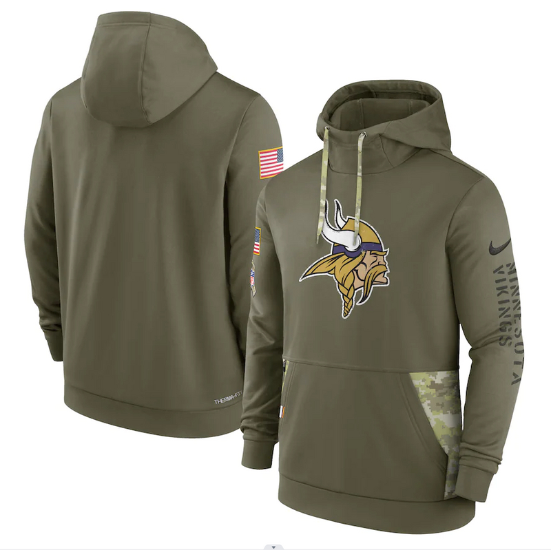 Men's Minnesota Vikings Nike Olive 2022 Salute to Service Therma Performance Pullover Hoodie