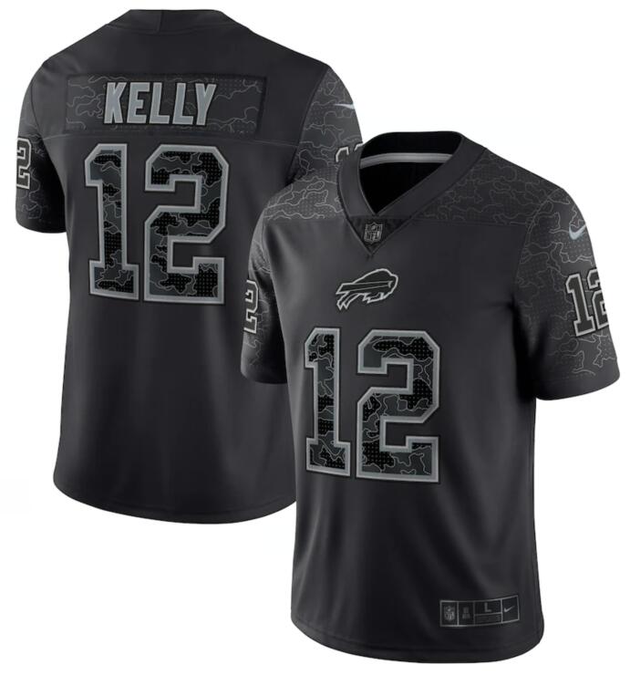 Nike Bills 12 Jim Kelly Black RFLCTV Limited Jersey - Click Image to Close
