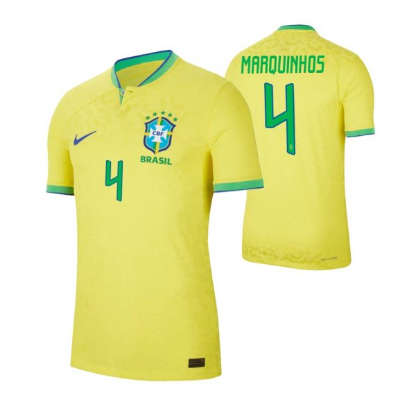Brazil 4 MARQUINHOS Home 2022 FIFA World Cup Thailand Soccer Jersey - Click Image to Close