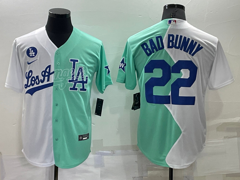 Dodgers 22 Bad Bunny White Green Nike Split 2022 MLB All-Star Jersey