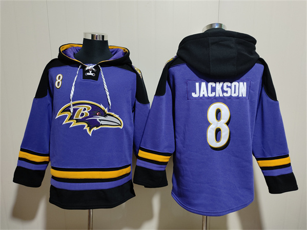 Men's Baltimore Ravens 8 Lamar Jackson Purple Ageless Must-Have Lace-Up Pullover Hoodie