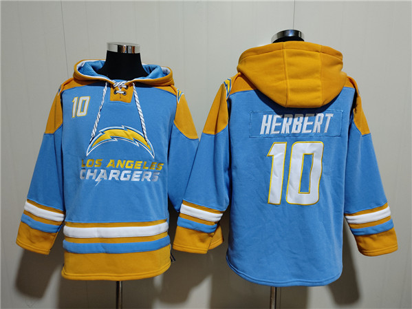 Men's Los Angeles Chargers 10 Justin Herbert Light Blue Ageless Must-Have Lace-Up Pullover Hoodie